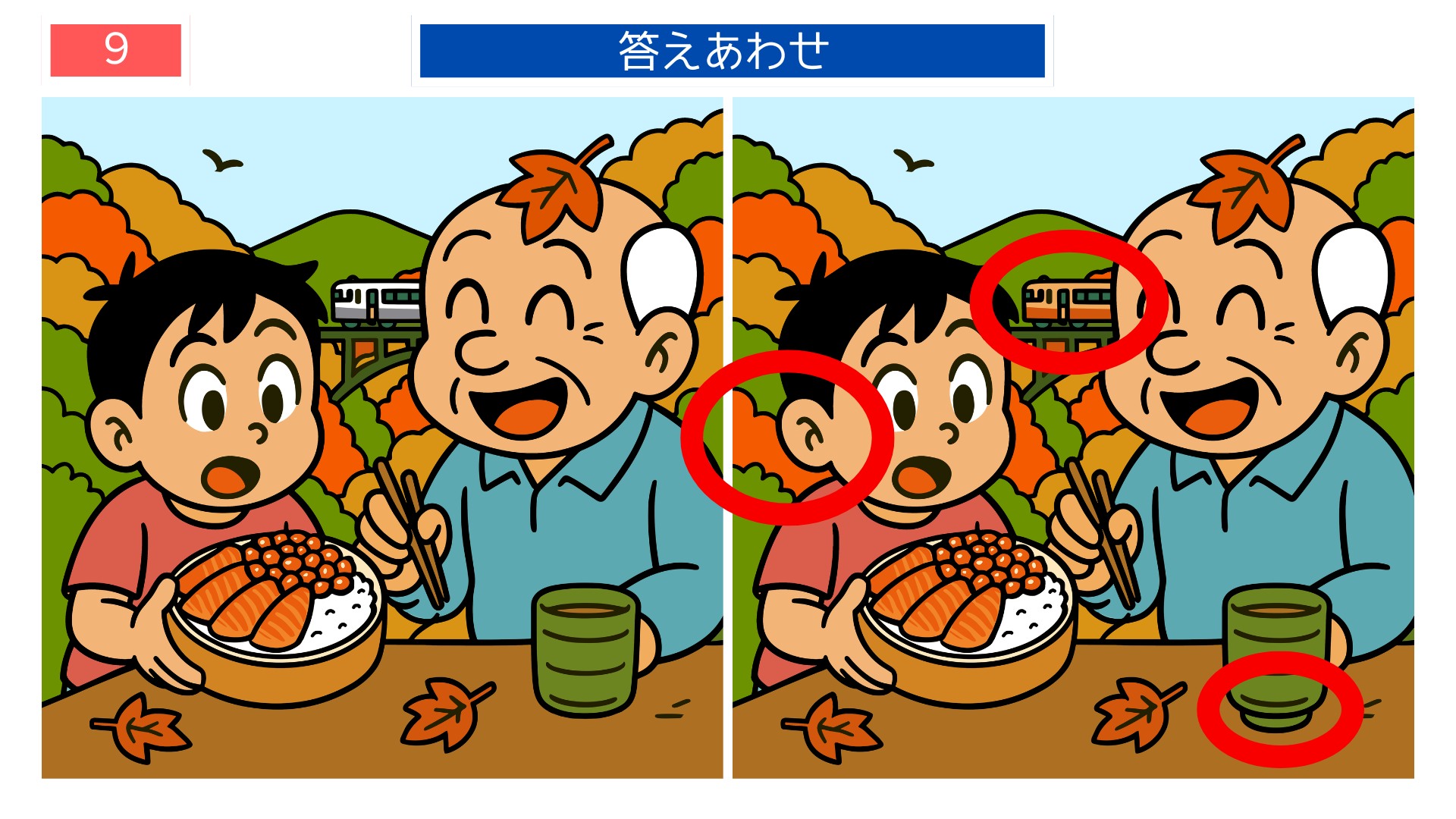 間違い探し無料難しい 色づく山を背景にしたはらこ飯シーンの答え画像（脳トレ印刷）