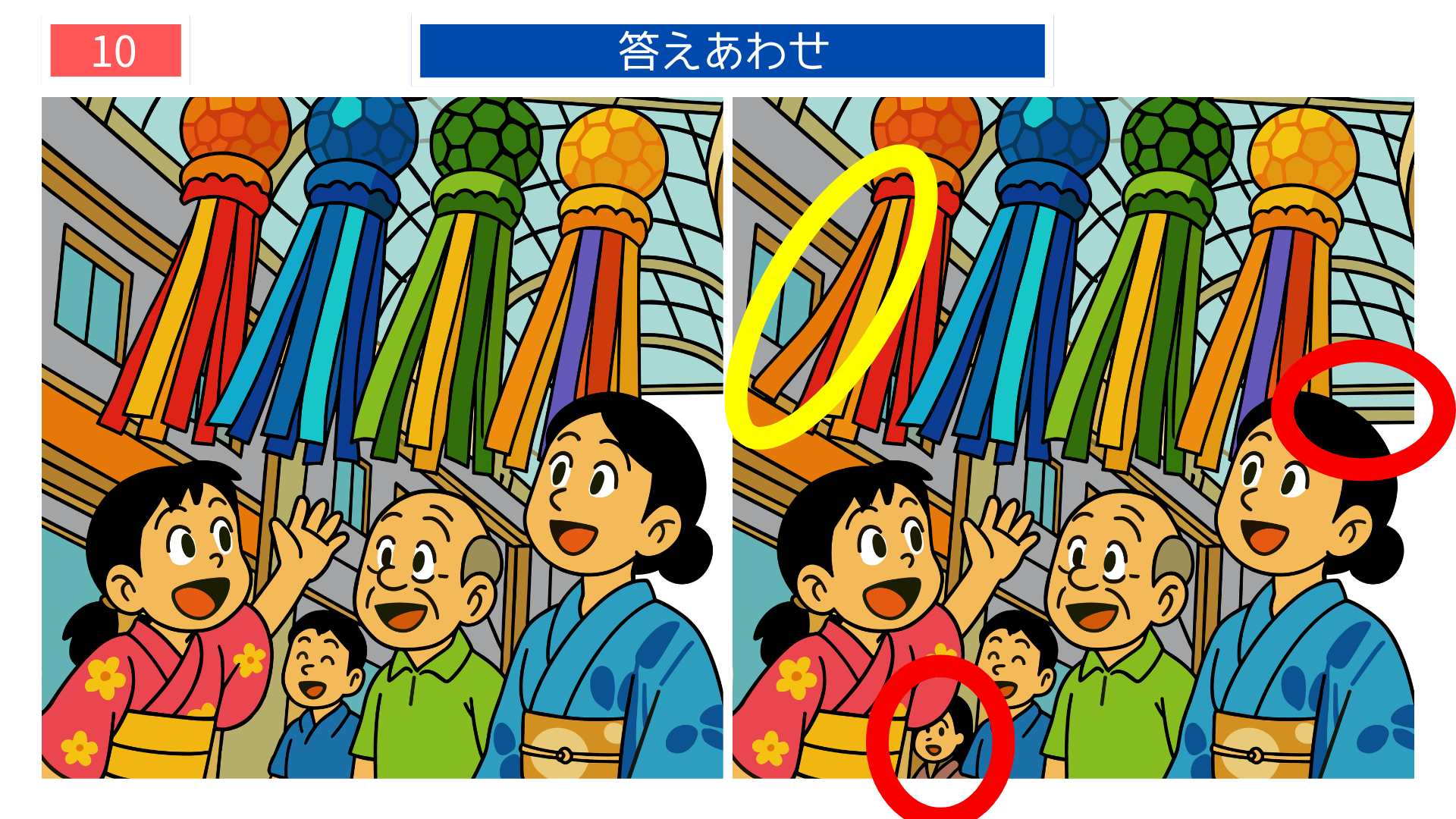 間違い探し無料印刷 七夕飾りの吹き流しが並ぶ商店街の答え画像（高齢者向けクイズ）