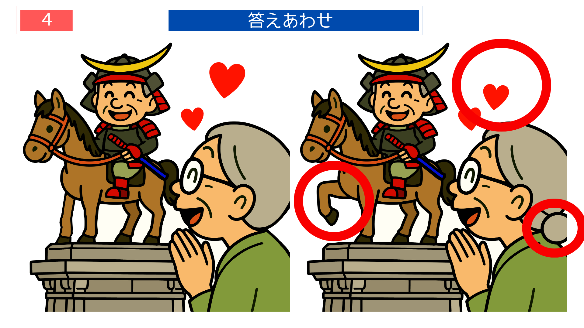 間違い探し無料簡単 伊達政宗像を見物するシーンの答え画像（高齢者向けクイズ）