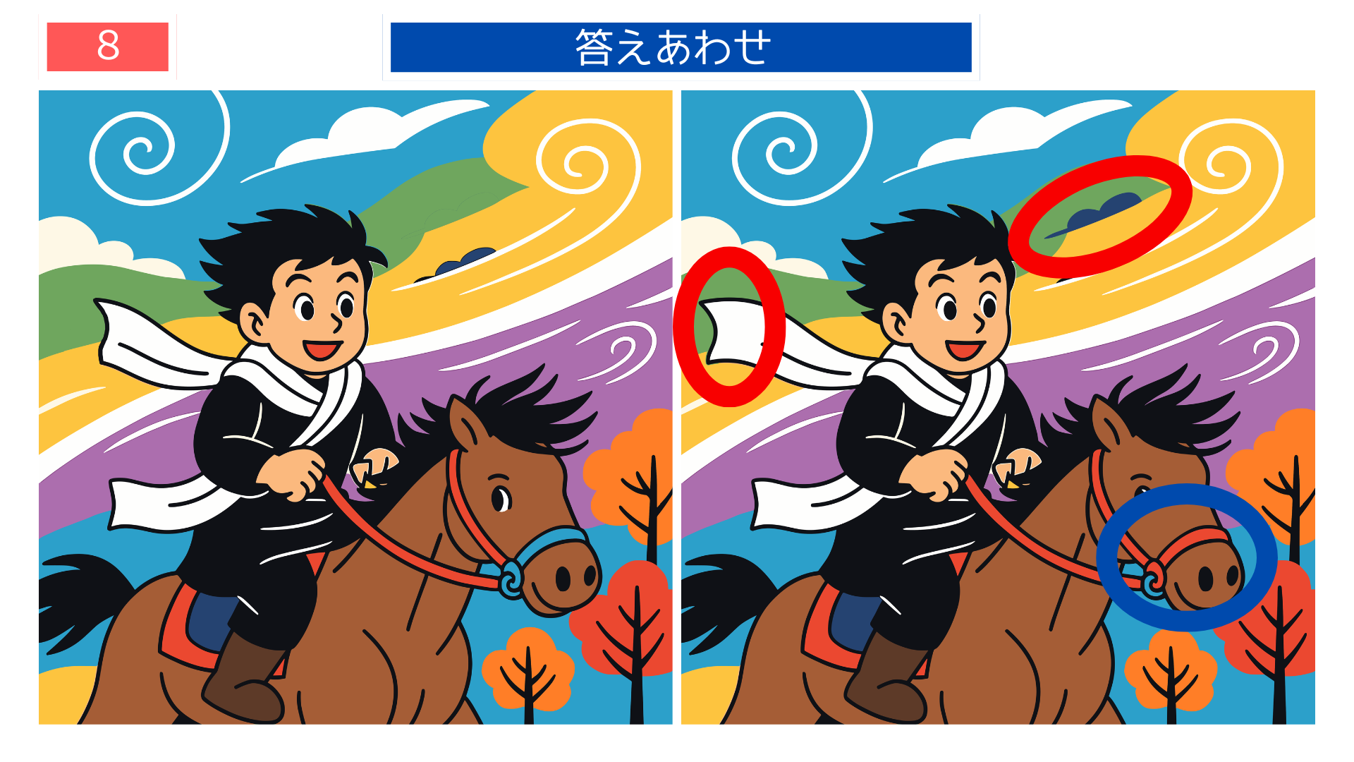 間違い探し プリント 無料 『風の又三郎』乗馬シーンの答え画像｜脳トレに使える印刷素材