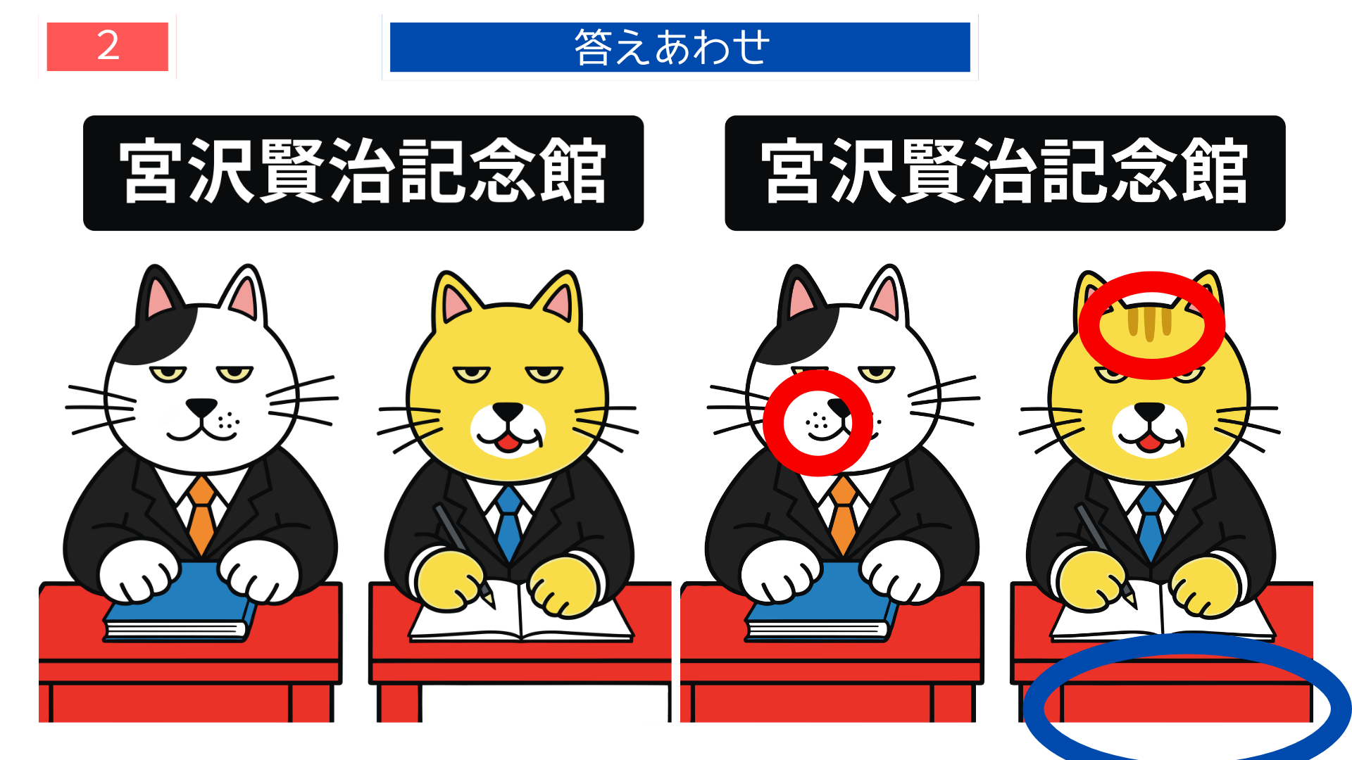 間違い探し無料印刷 賢治記念館で学ぶ猫たちの答え画像｜印刷して使える高齢者レク素材
