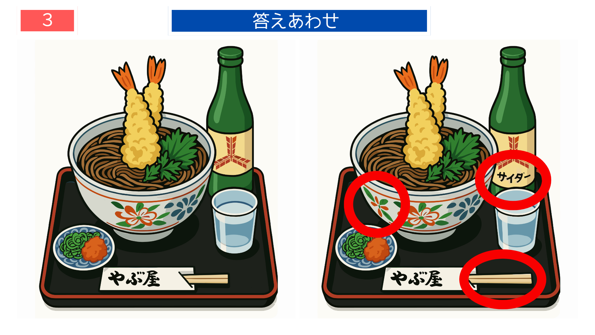 間違い探し無料プリント 天ぷらそばセットの答え画像｜注意力アップのクイズ素材