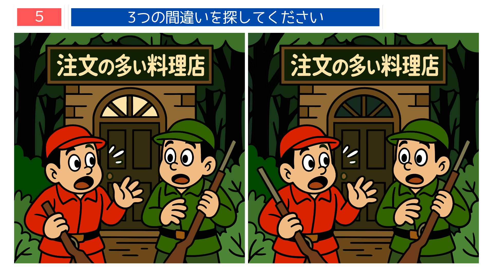 間違い探し無料印刷 『注文の多い料理店』の入り口で驚く狩人たちのイラスト問題｜宮沢賢治クイズ