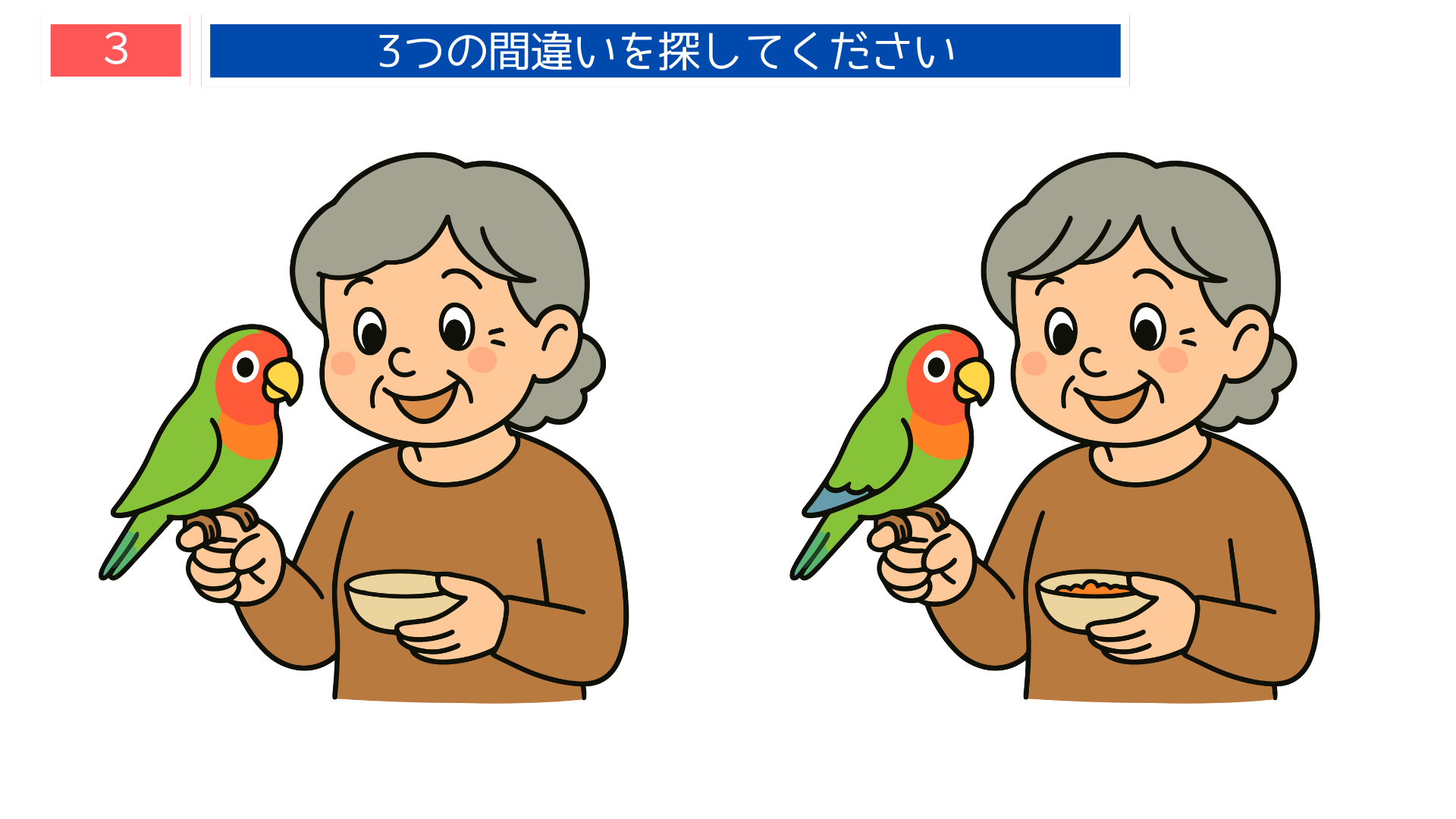 間違い探し無料難しい インコとおばあさんの日常シーンを描いたイラスト問題｜観察力強化の脳トレ