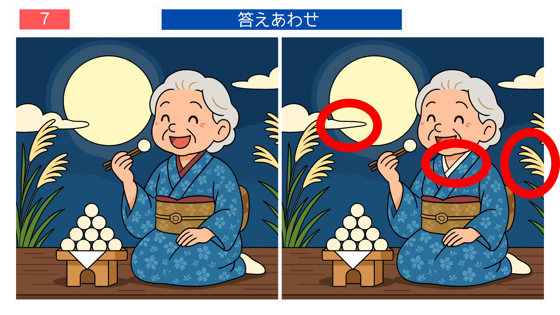 間違い探し無料印刷 お月見の夜景と団子の違いがわかる答え画像|介護レク素材