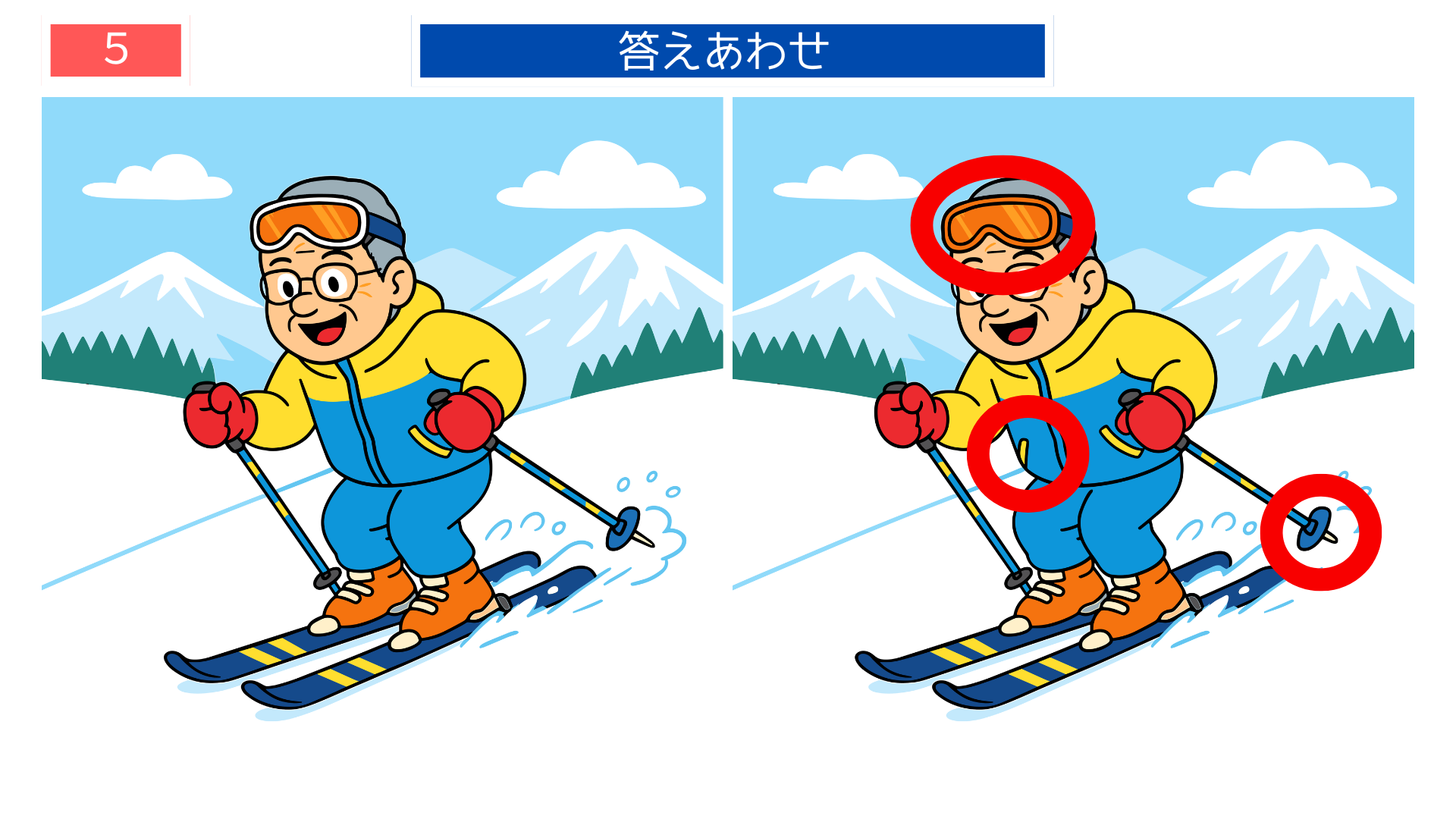 間違い探し無料簡単 杖やスキー板の模様の違いがわかる答え画像|介護施設向けクイズ素材