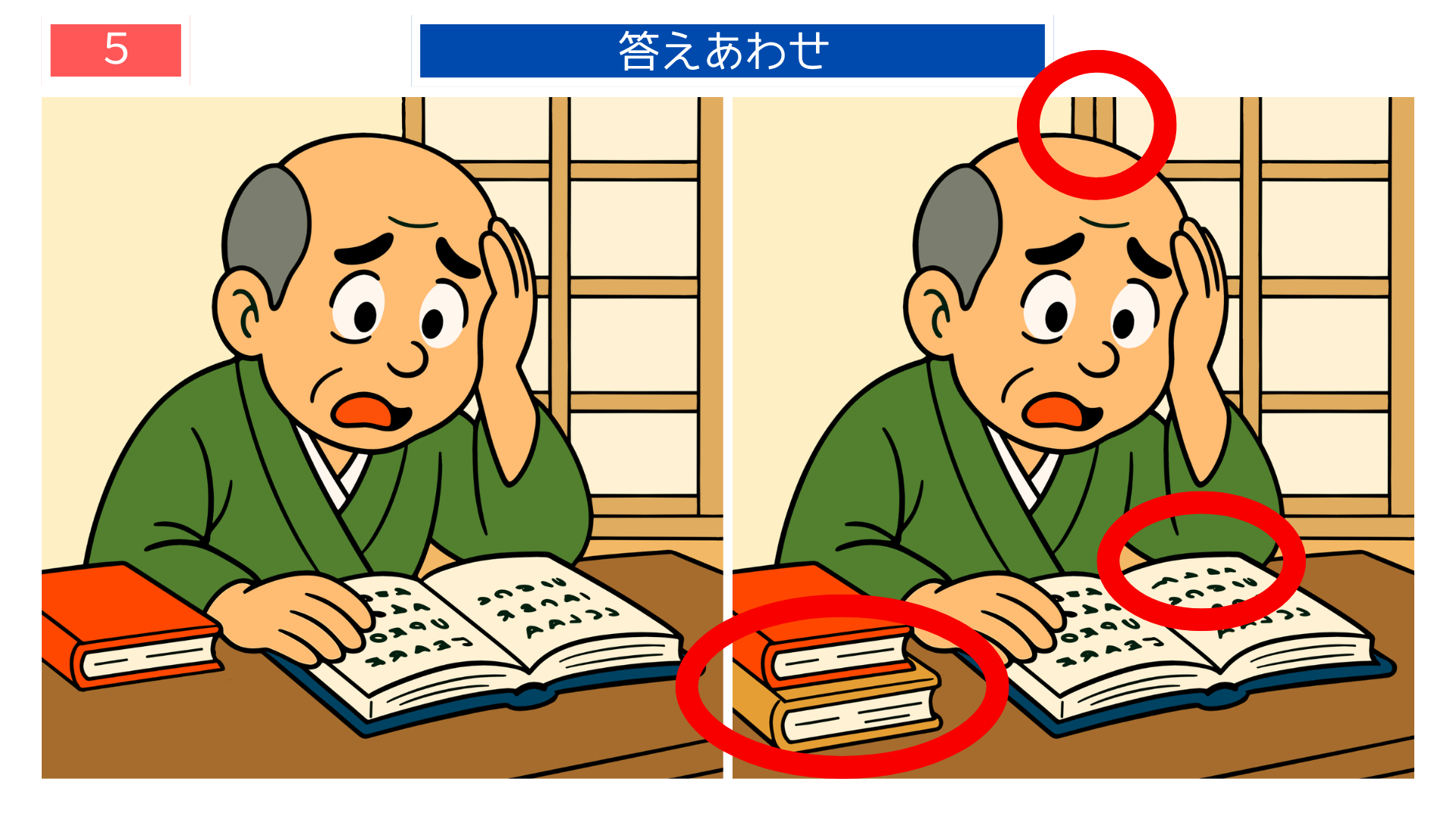 間違い探し プリント 高齢者 読書する男性の答えイラスト 認知症予防の脳トレ