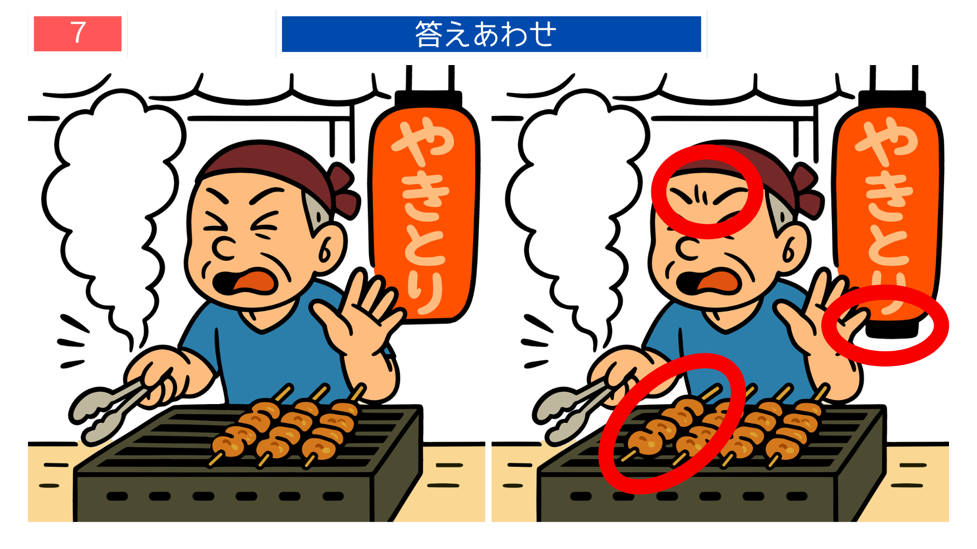 間違い探し無料プリント 焼き鳥屋台の答えイラスト 高齢者向け脳トレゲーム