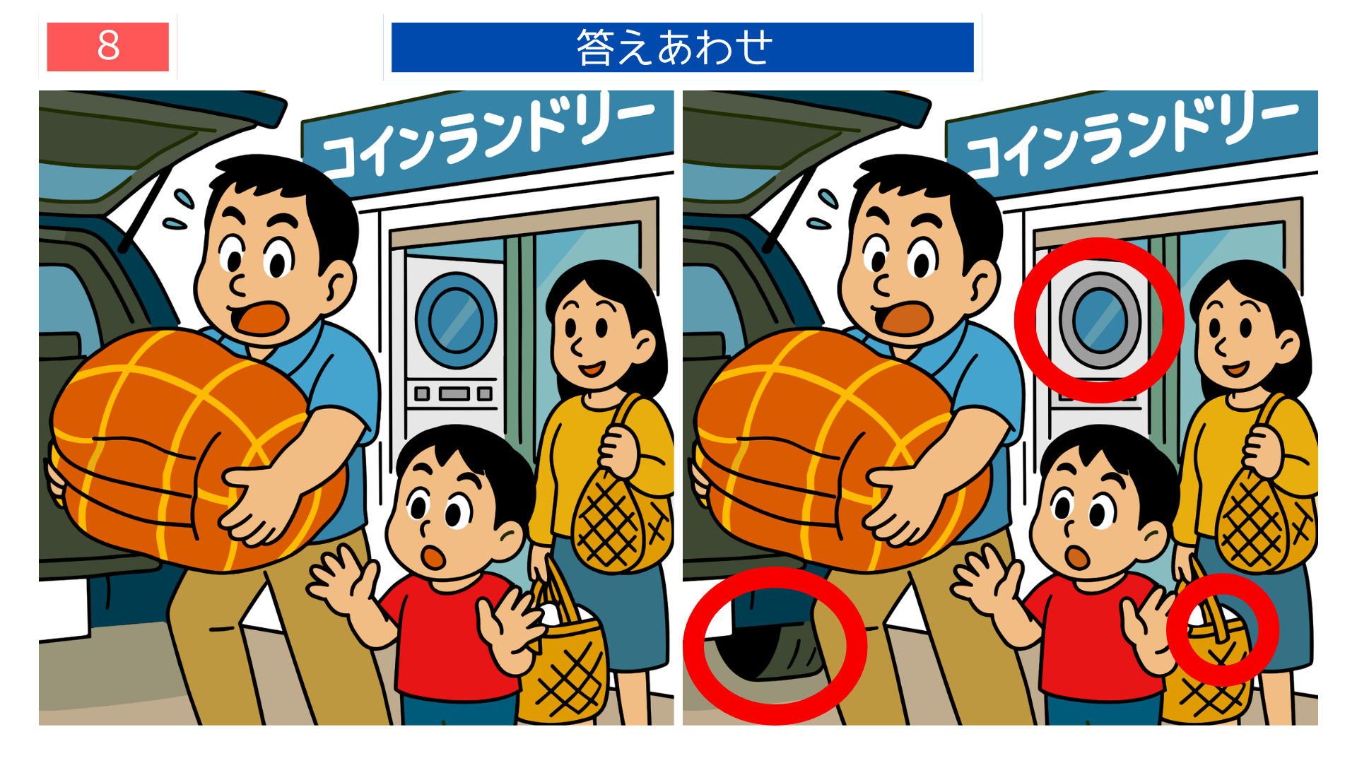 間違い探し無料印刷 ランドリー前の家族シーンの答えイラスト 脳トレクイズに最適