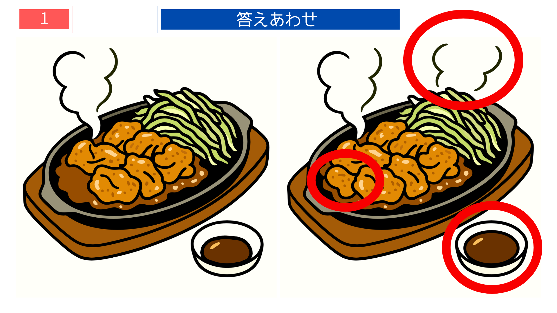 間違い探し無料印刷 鉄板料理と野菜盛りの答えイラスト クイズ感覚で楽しめる高齢者向け素材
