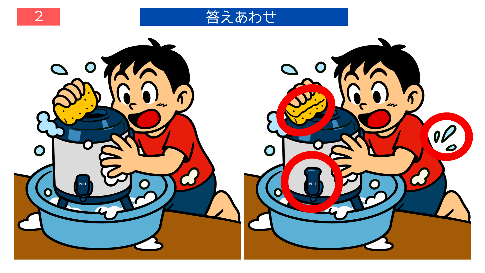 間違い探し無料難しい 給食ポットを洗浄する場面の答えイラスト 印刷して使えるレク素材