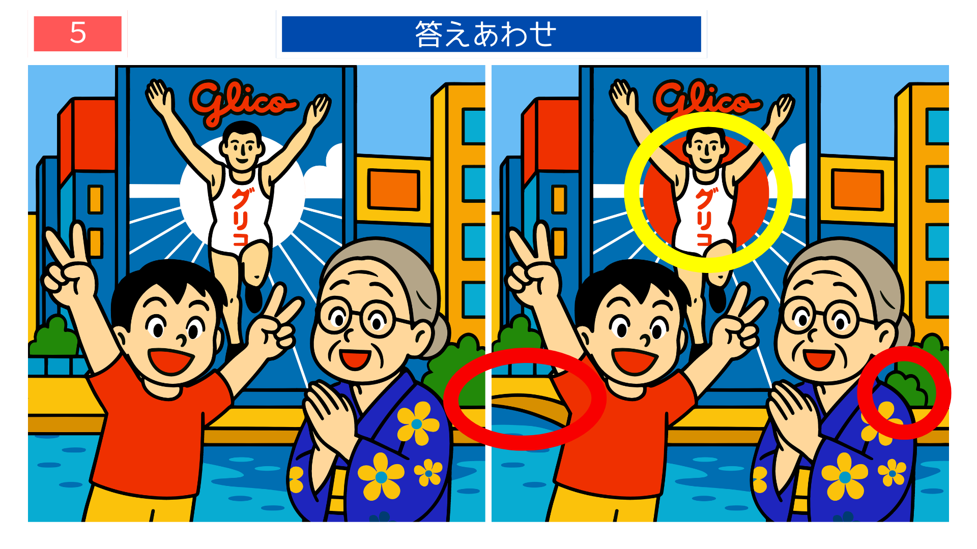 間違い探し高齢者 グリコ看板の違いが分かる答え画像 レク素材