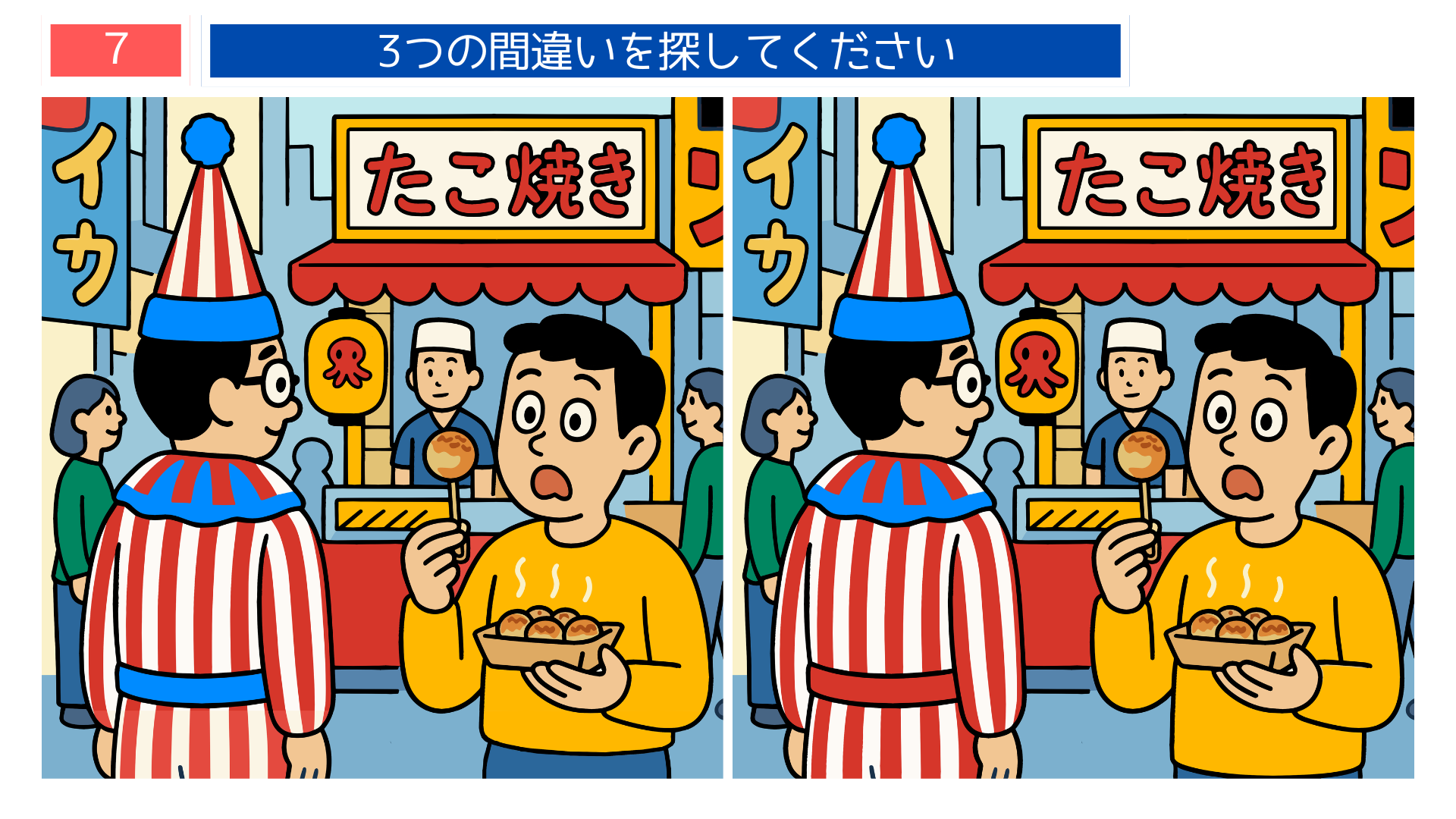 間違い探し無料簡単 くいだおれ太郎風キャラとたこ焼き屋の大阪街並みイラスト問題