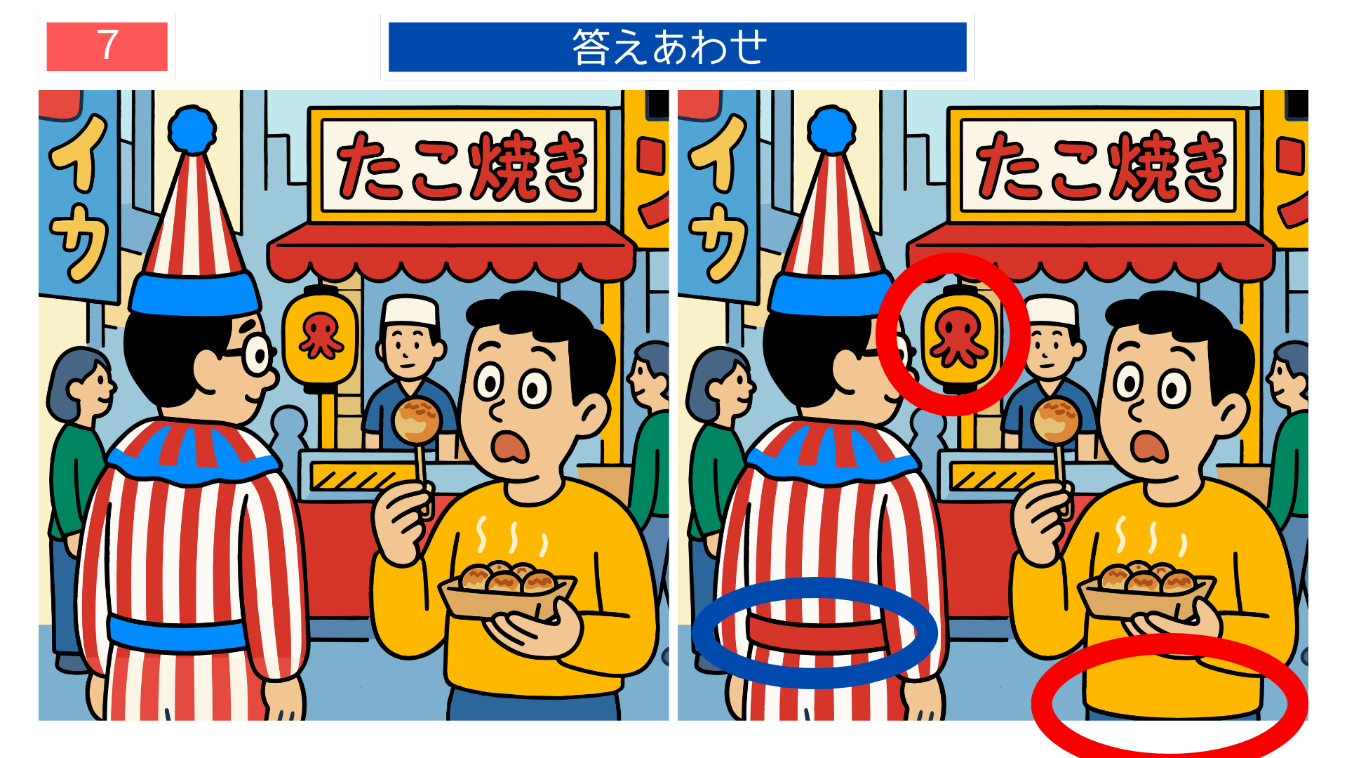 間違い探し無料プリント 大阪街並みの間違いを示す答え画像 クイズ向け