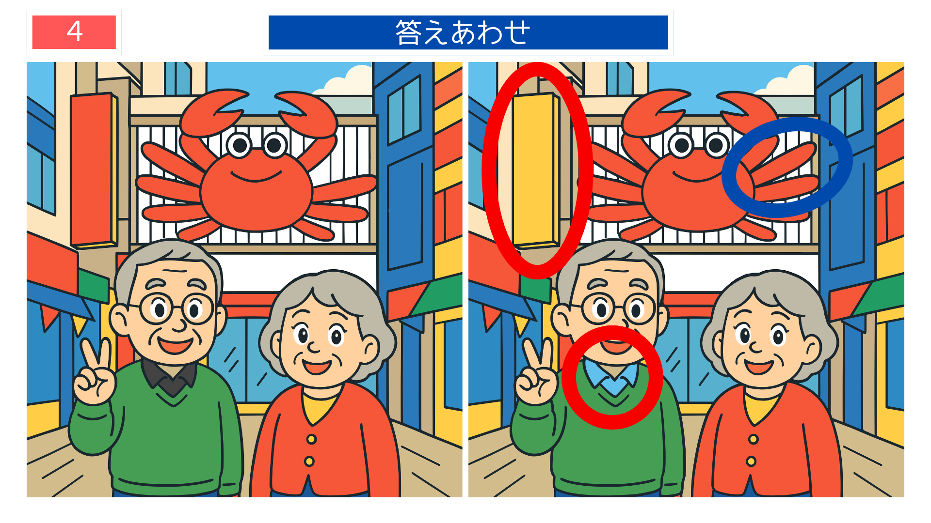 間違い探し無料印刷 カニ看板前の記念写真の違いを示す答えイラスト 大阪観光の回想法素材