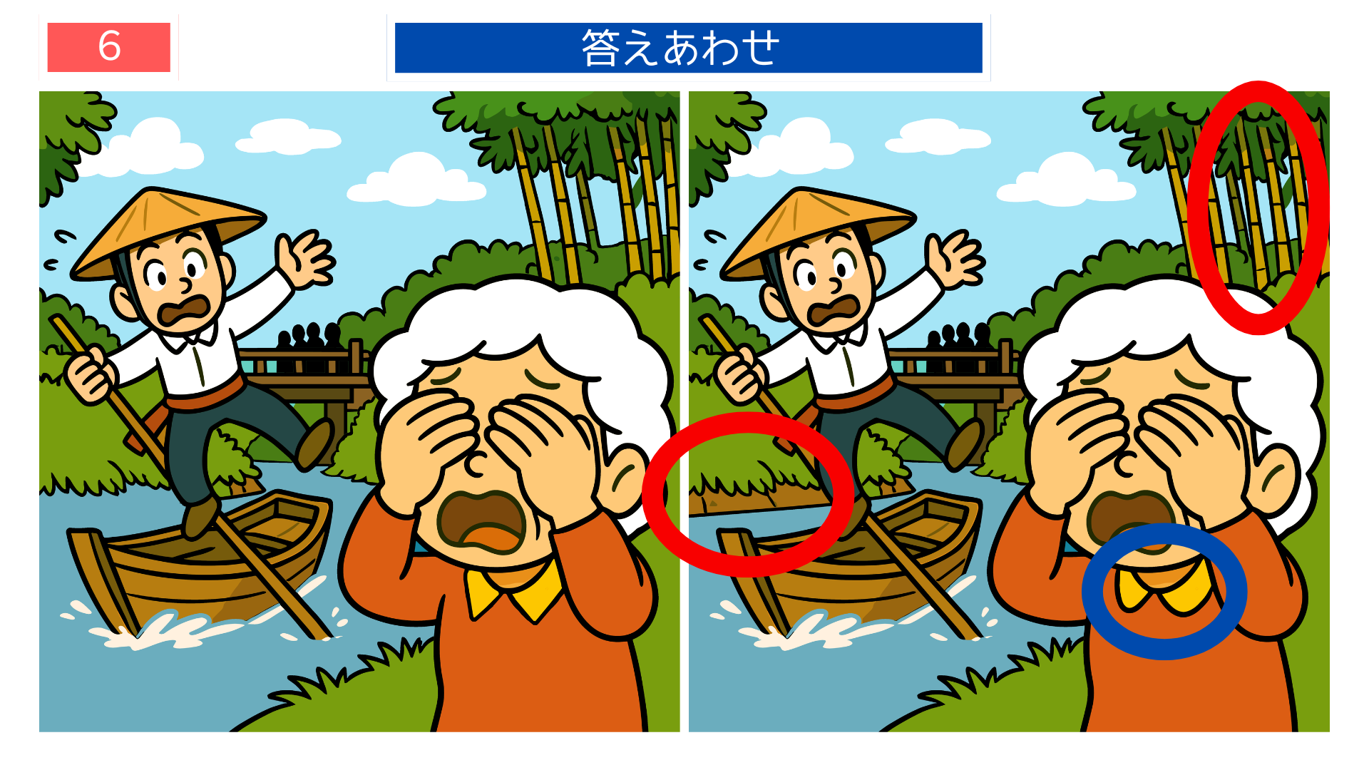 間違い探し無料プリント 川下りの場面で起きた違いを示す答え画像|印刷用レク素材