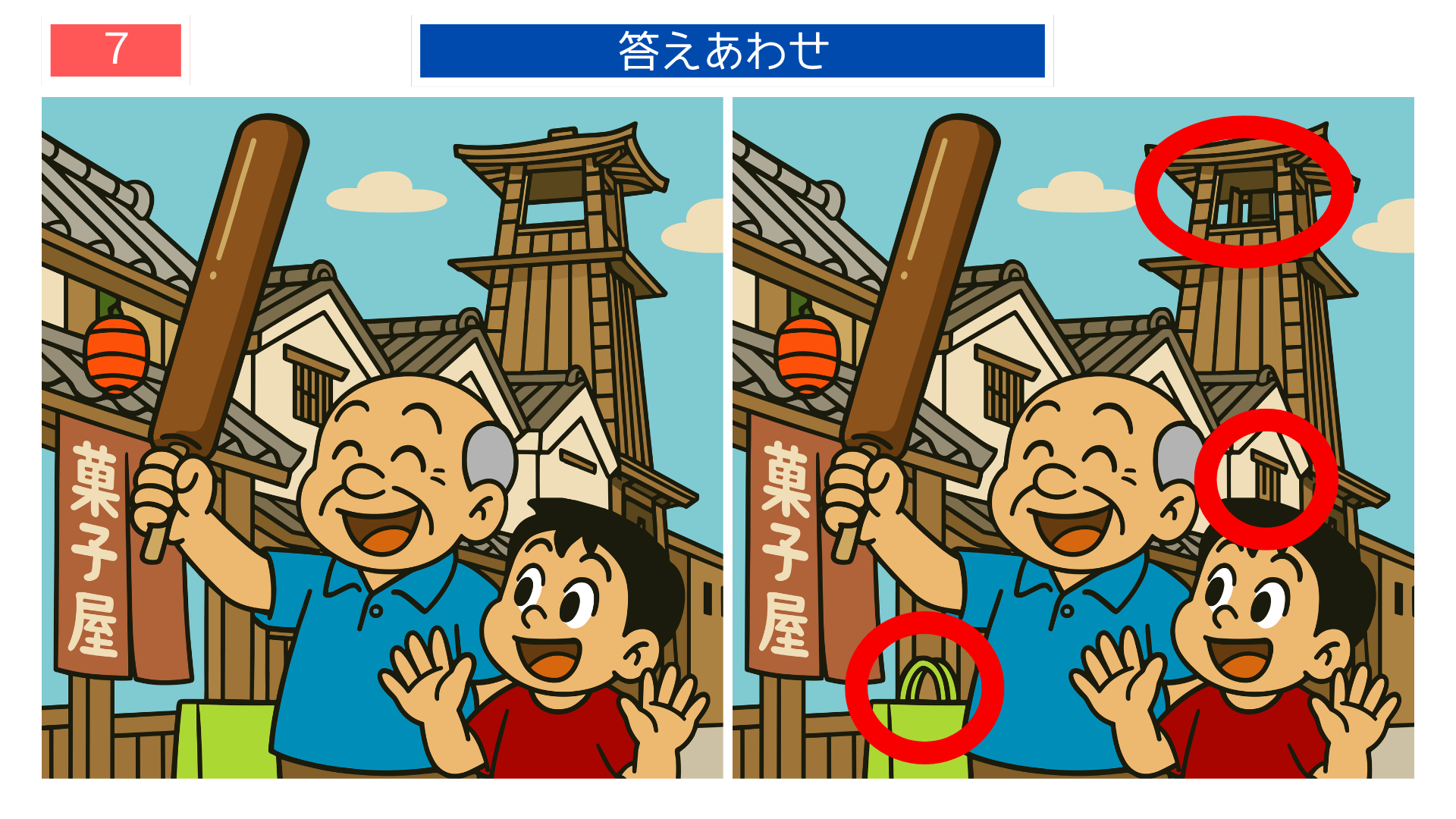 間違い探し無料難しい 川越の街並みでの散策シーンの答え画像|脳トレクイズ素材