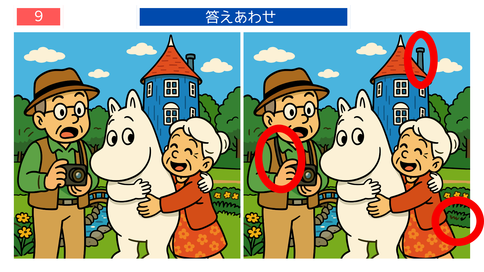 間違い探し無料印刷 ムーミンと一緒に写る夫婦の答え画像|高齢者向けレク素材