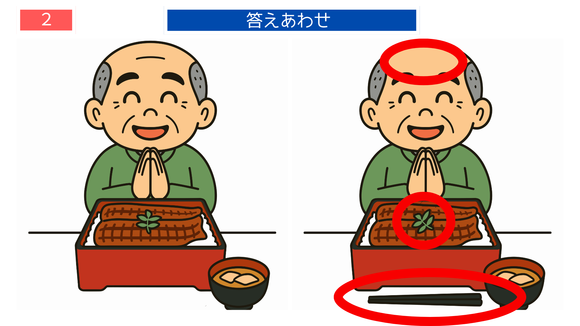 間違い探し無料プリント うな重の前で笑顔の男性を描いた答えイラスト|脳トレクイズ