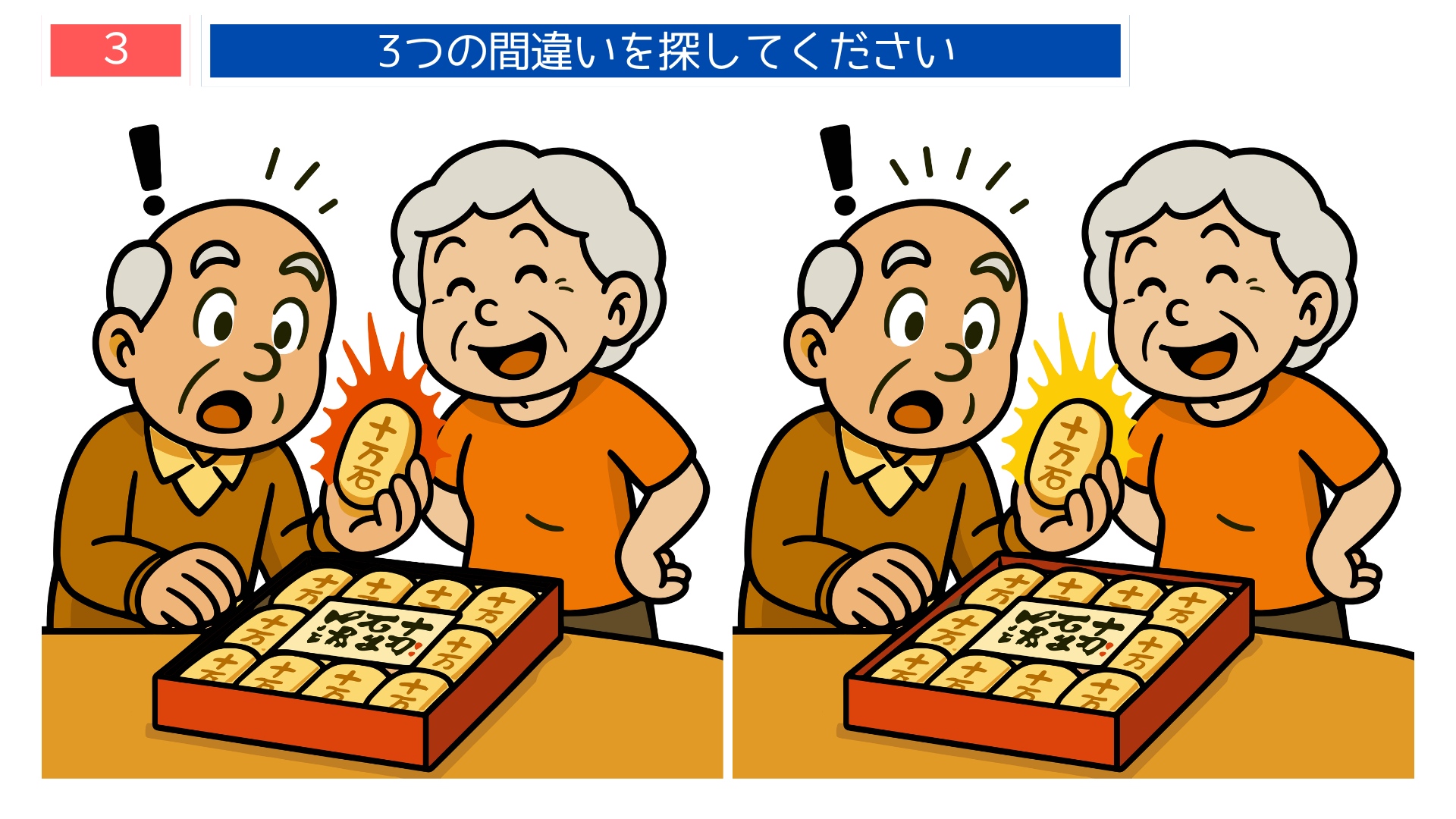 間違い探し高齢者 埼玉銘菓十万石まんじゅうを見て驚く男性のイラスト問題画像