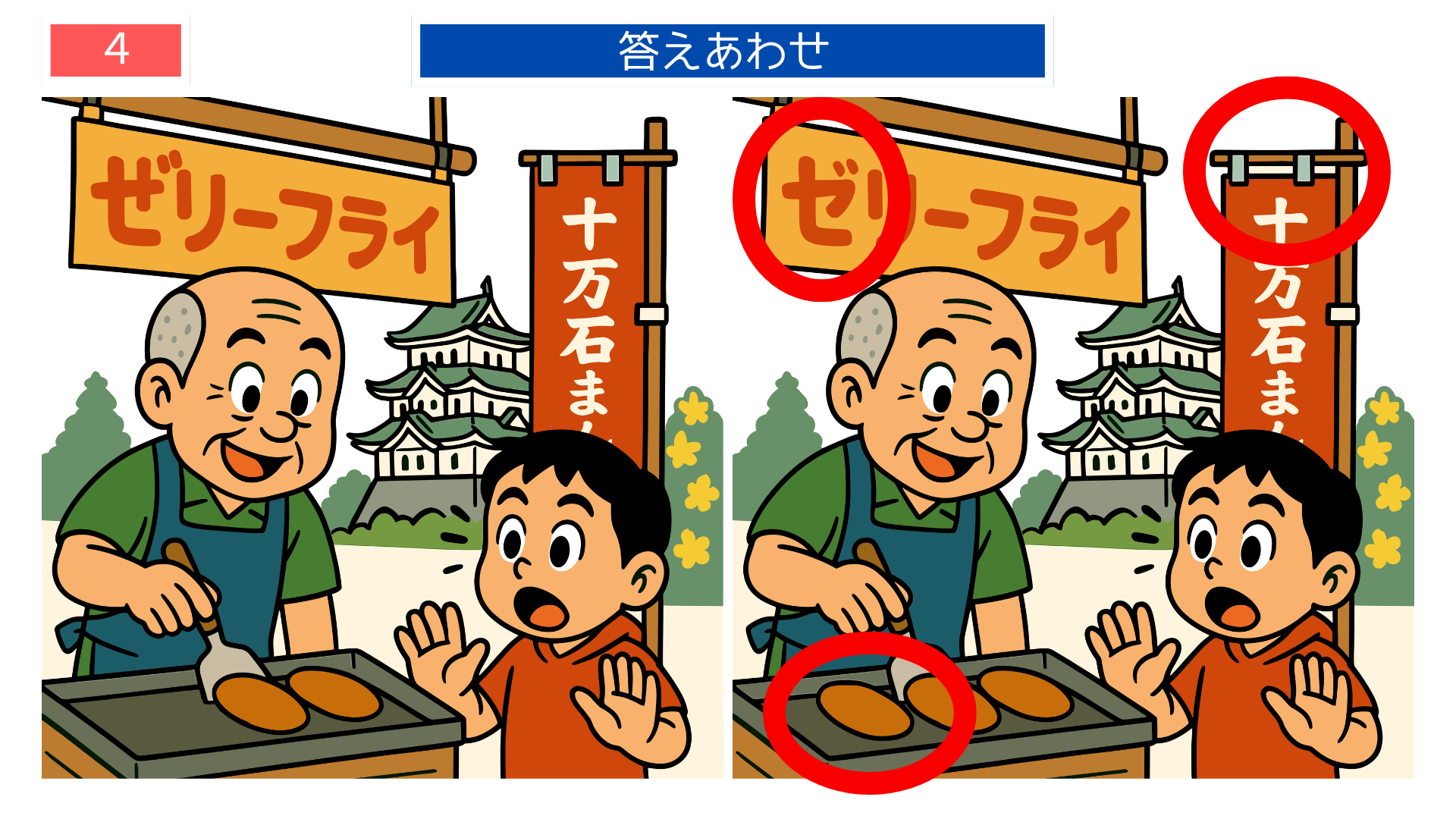 間違い探し無料印刷 ゼリーフライ屋台の違いがわかる答えイラスト|高齢者クイズ素材