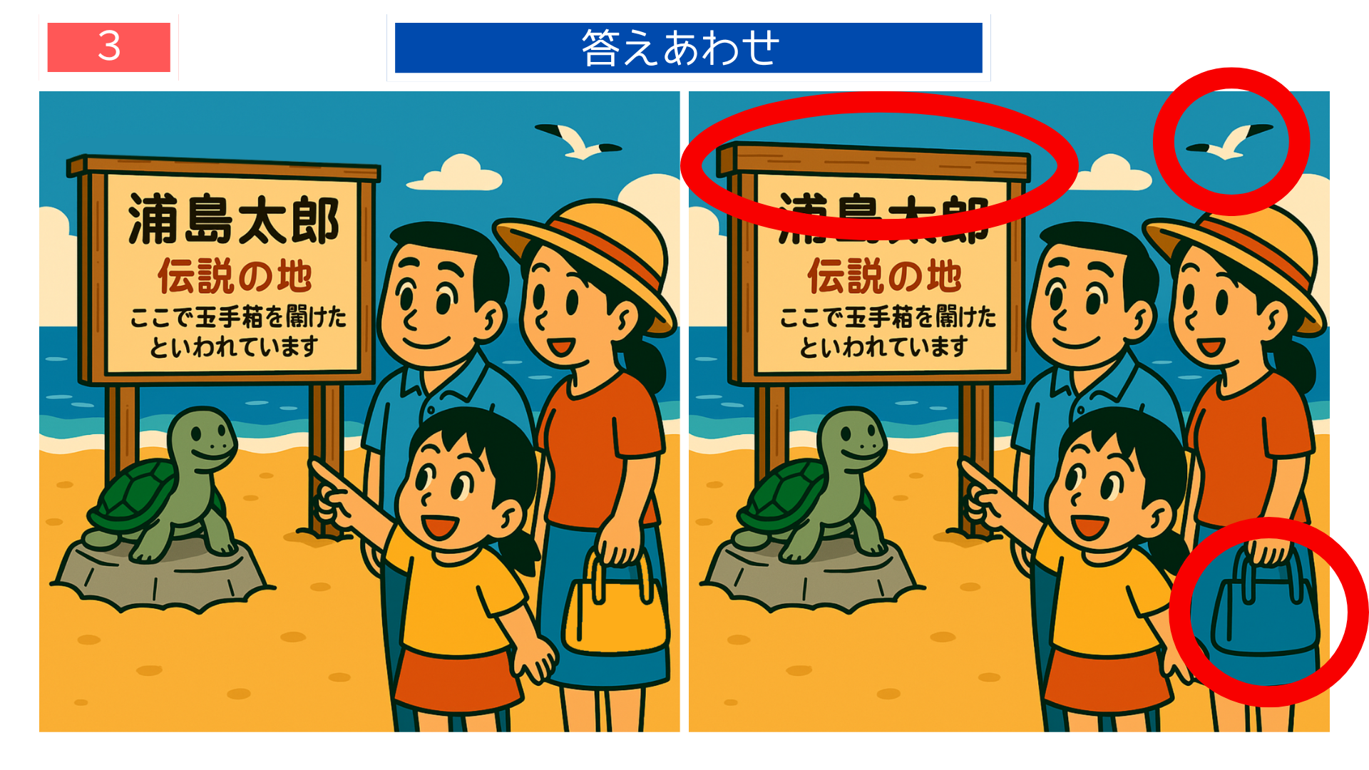 間違い探し無料難しい 浦島太郎伝説の看板前の家族シーンの違いがわかる答え画像