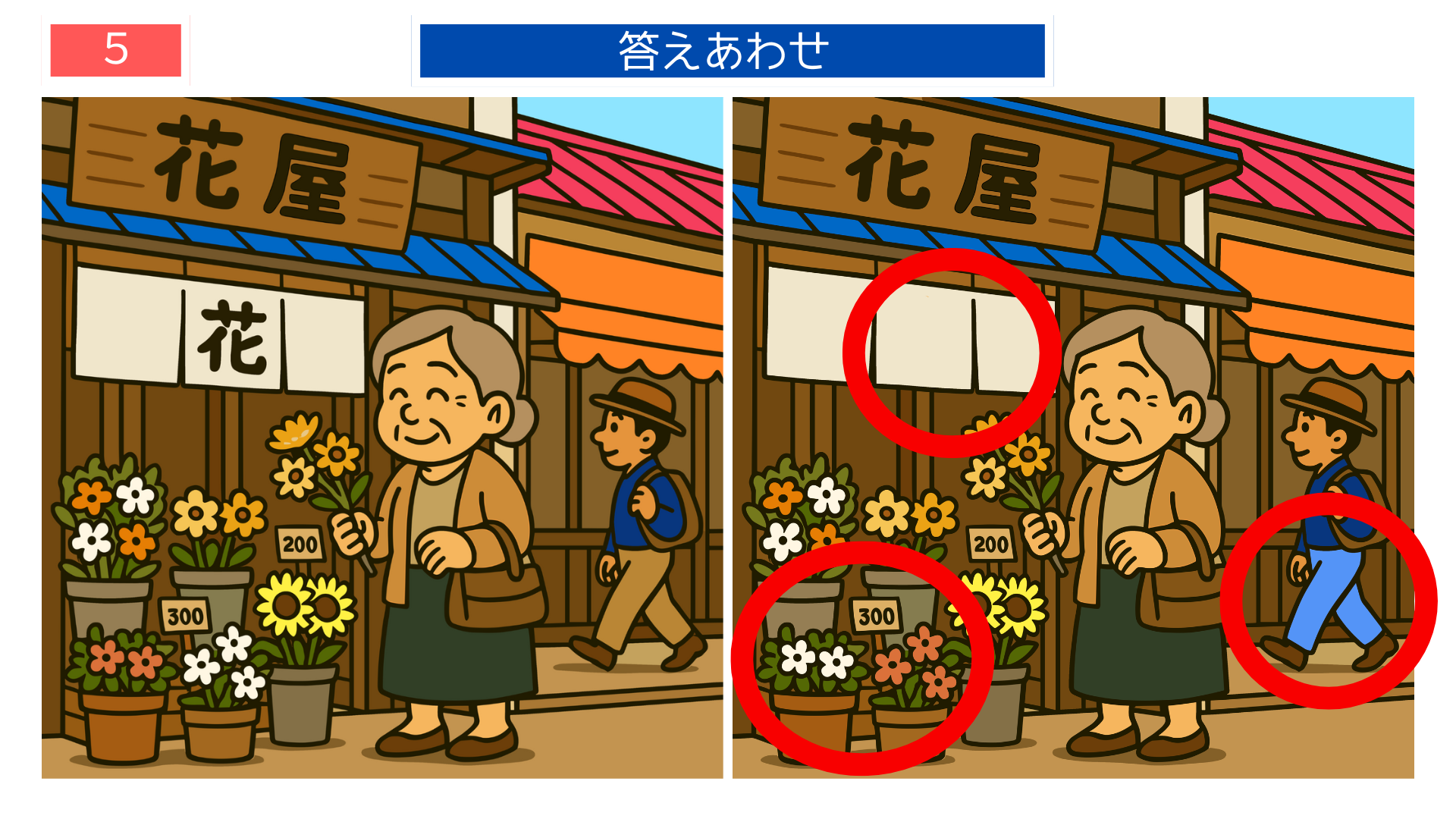 間違い探し無料難しい 昭和の花屋の情景の答え画像。印刷して楽しめる脳トレクイズ。