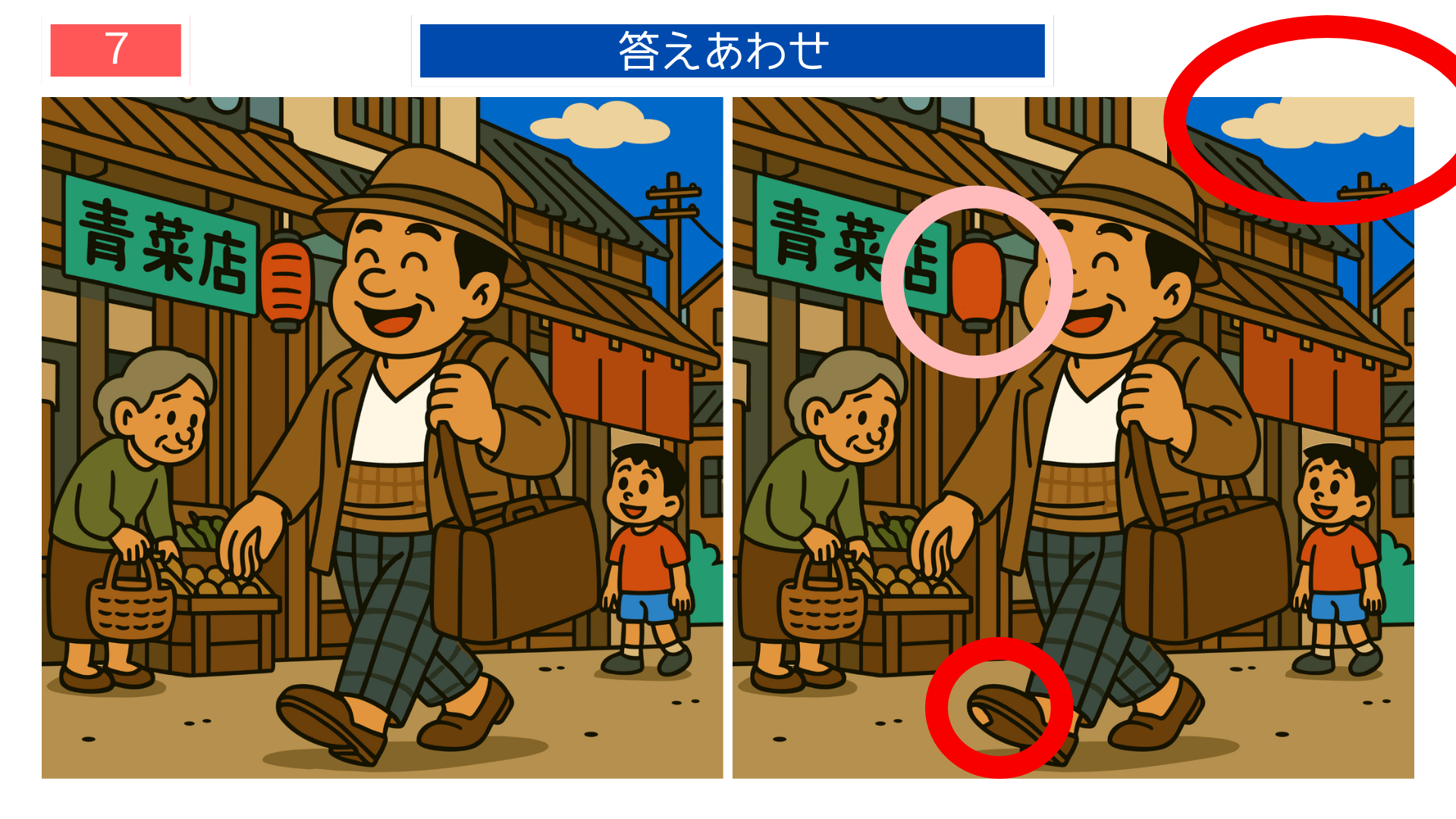 間違い探し無料プリント 昭和商店街の答え画像。レクリエーションや印刷用ゲームに使える素材。