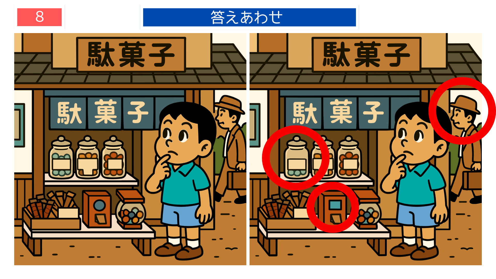 間違い探し高齢者 昭和の駄菓子屋の違いが分かる答え画像。印刷して使える脳トレ素材。