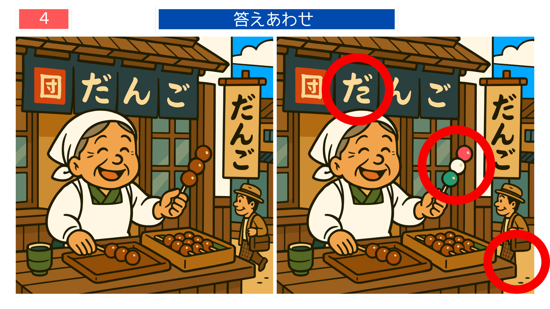 間違い探し無料プリント 昭和の団子屋の場面で違いを示した答え画像。高齢者向けゲームや印刷クイズに最適。