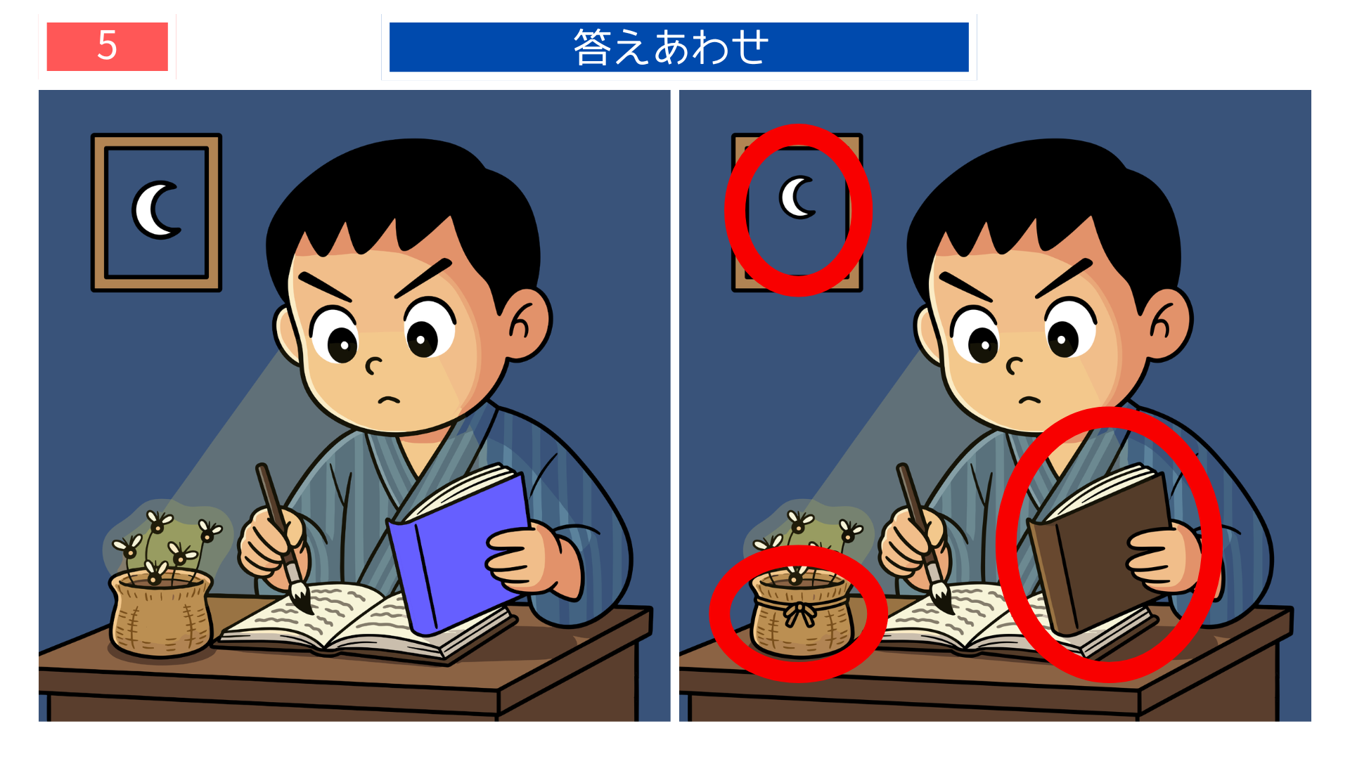 間違い探し高齢者 明かりや本の色が変わる『蛍雪の功』をテーマにした答え画像。印刷して使いやすいレク教材。