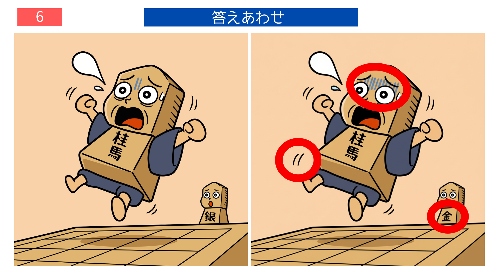 間違い探し無料難しい 銀や金の位置が変化した将棋格言シーンの答え画像。高齢者レクにも使えるクイズ素材。