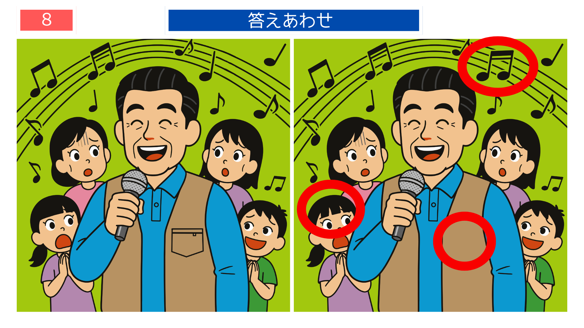 間違い探し無料難しい 表情や音符の違いが観察できる『芸は身を助ける』答え画像。高齢者施設での脳トレに最適。