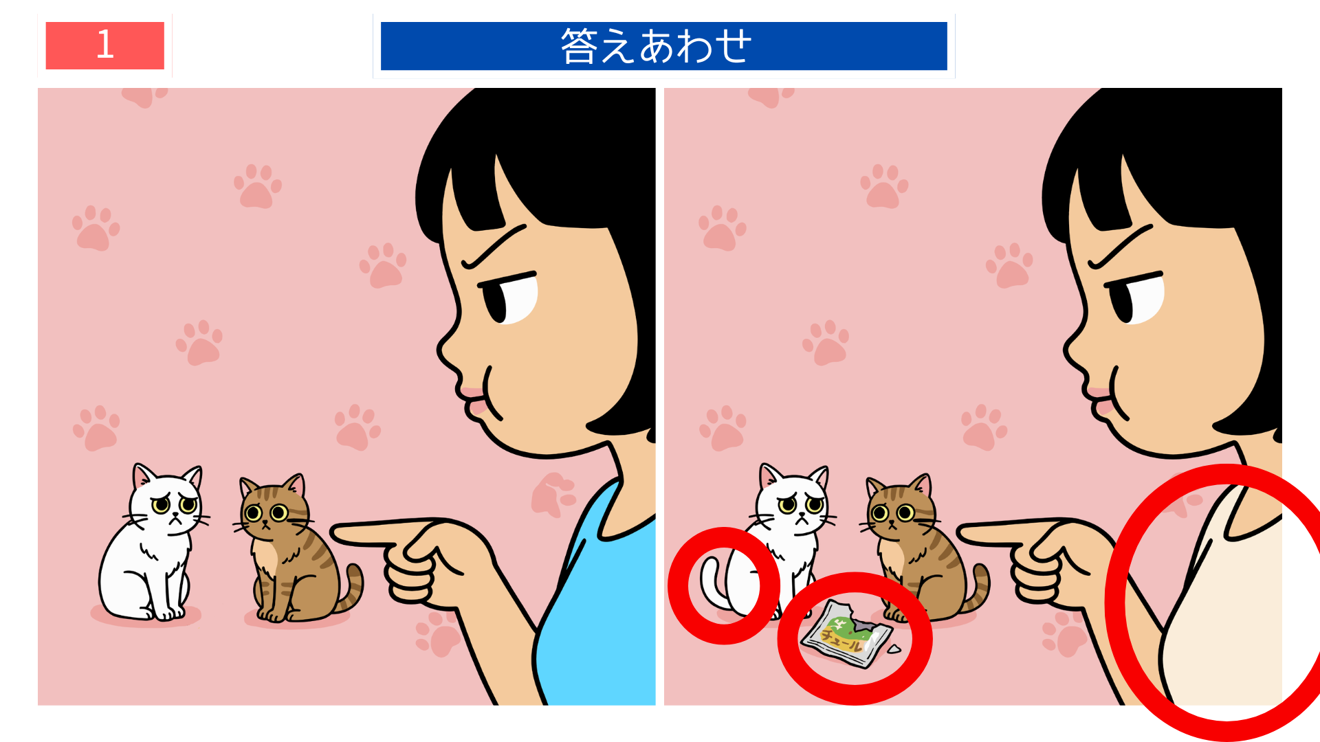 間違い探し無料印刷 チュールをめぐって叱られる猫たちを描いた『喧嘩両成敗』の答え画像。観察力を鍛えるレク素材。