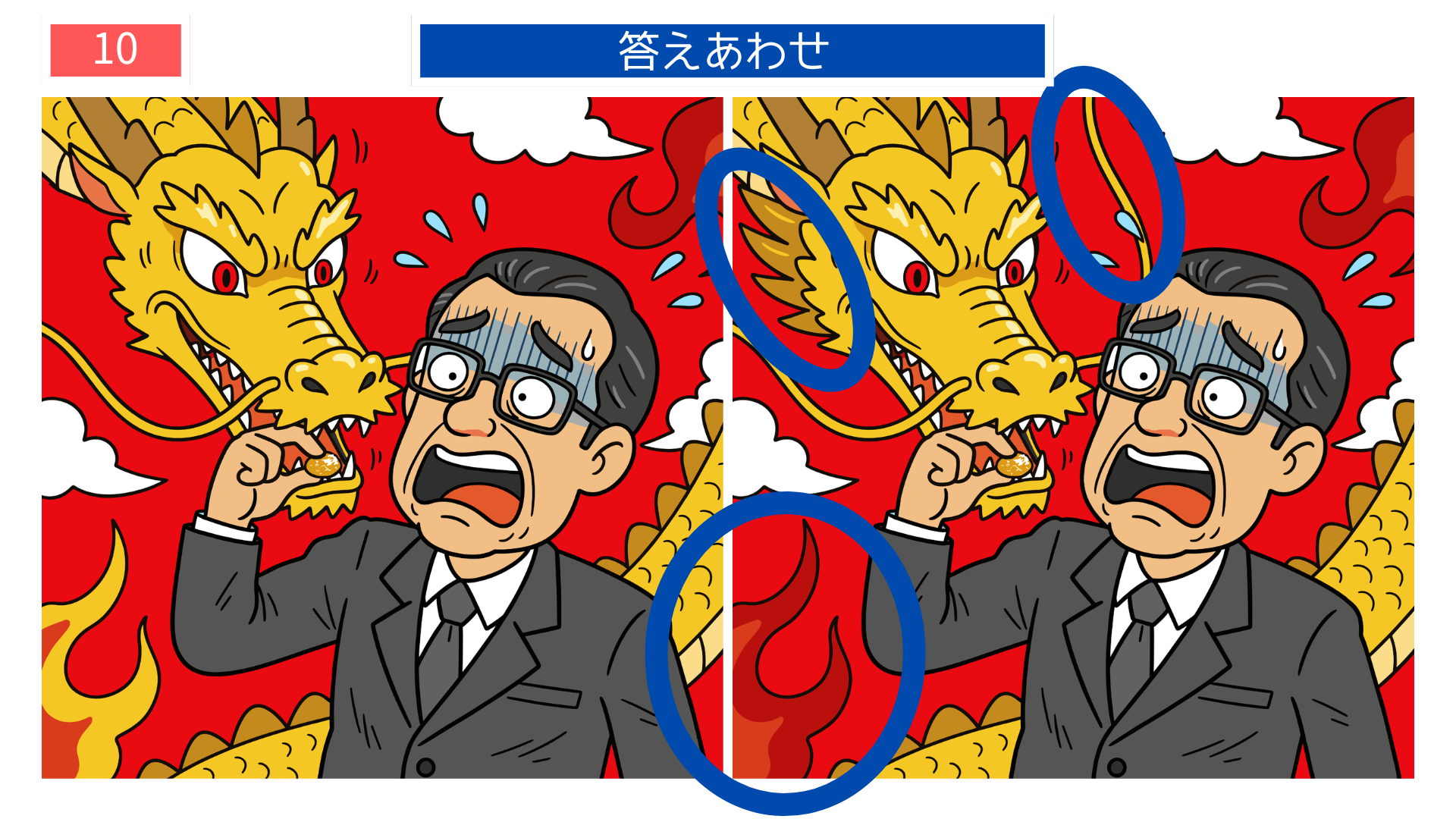 間違い探し無料簡単 龍の表情や炎の違いがわかる『逆鱗に触れる』答え画像。印刷用クイズとして活用できる高齢者向け素材。