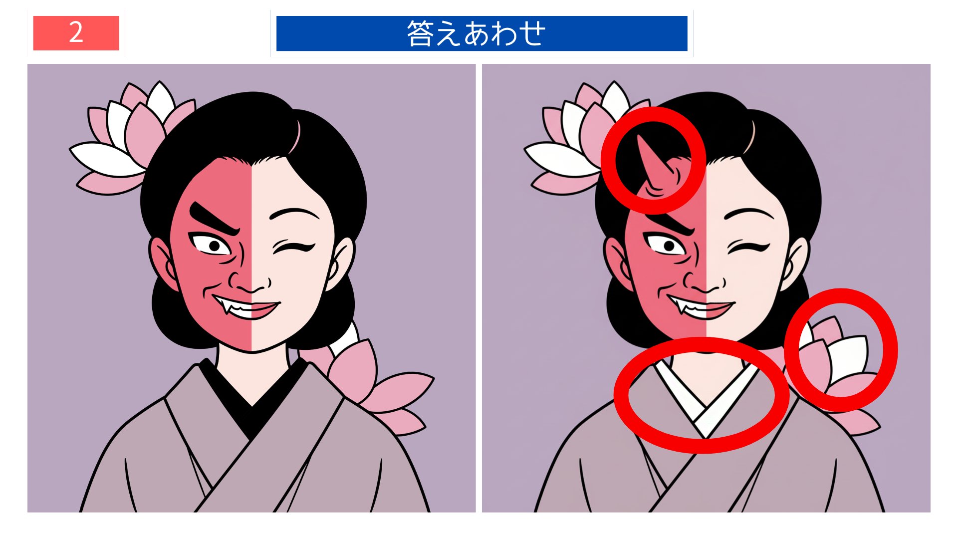 間違い探し高齢者 菩薩と夜叉の対比が際立つ表情変化の答え画像。印刷して使える認知症予防にも役立つイラスト。