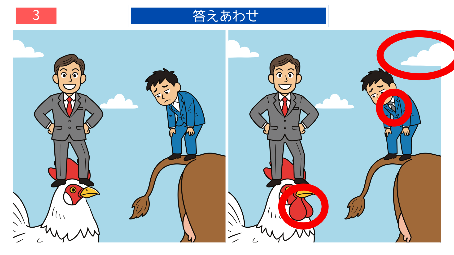 間違い探し無料簡単 鶏と牛の象徴的な比較が分かる『鶏口牛後』の答え画像。高齢者レク素材として利用しやすい印刷クイズ。