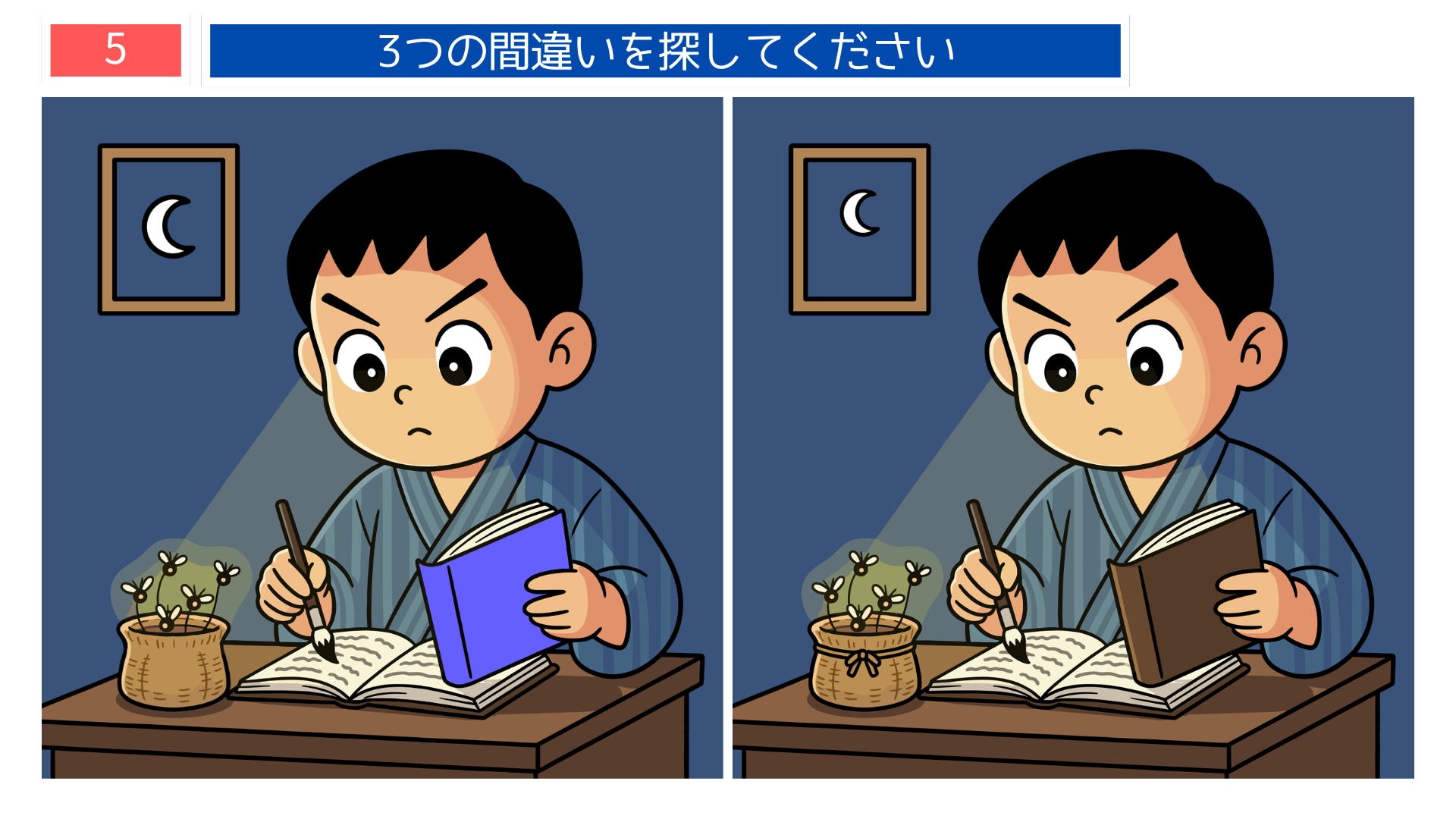 間違い探し無料印刷 蛍の光で夜勉強する少年を描いた『蛍雪の功』の問題画像。集中力トレーニングに最適なクイズ素材。