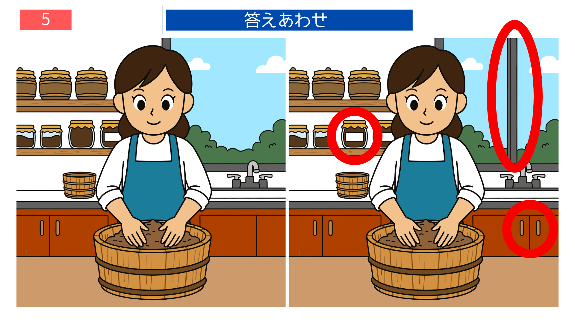 間違い探し無料印刷 味噌づくりの女性を描いた答え画像。家庭的な雰囲気のレク素材として活用できる。