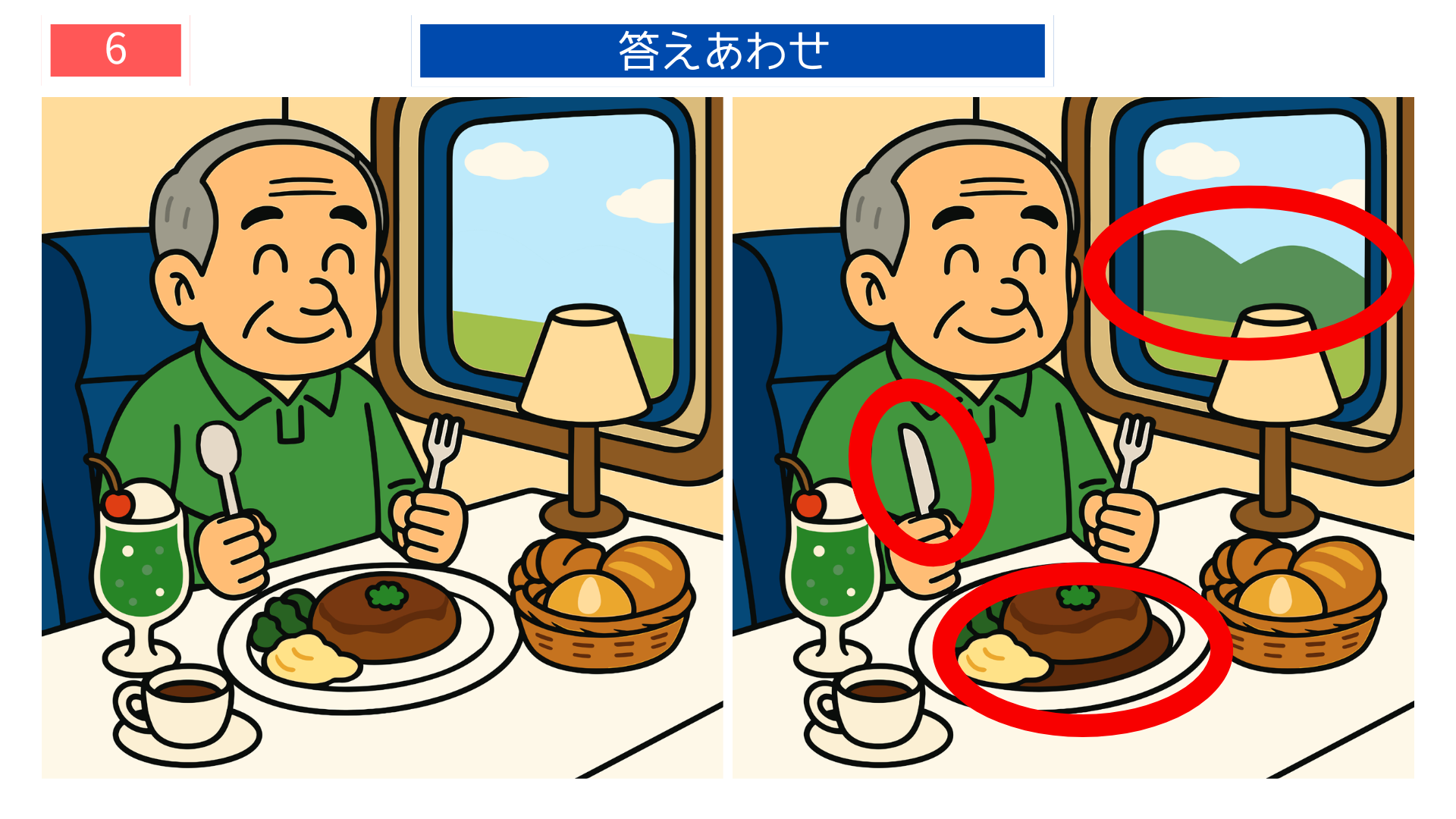 間違い探し無料プリント 食堂車で食事する男性の答えイラスト。旅行気分を味わえる脳トレ教材。