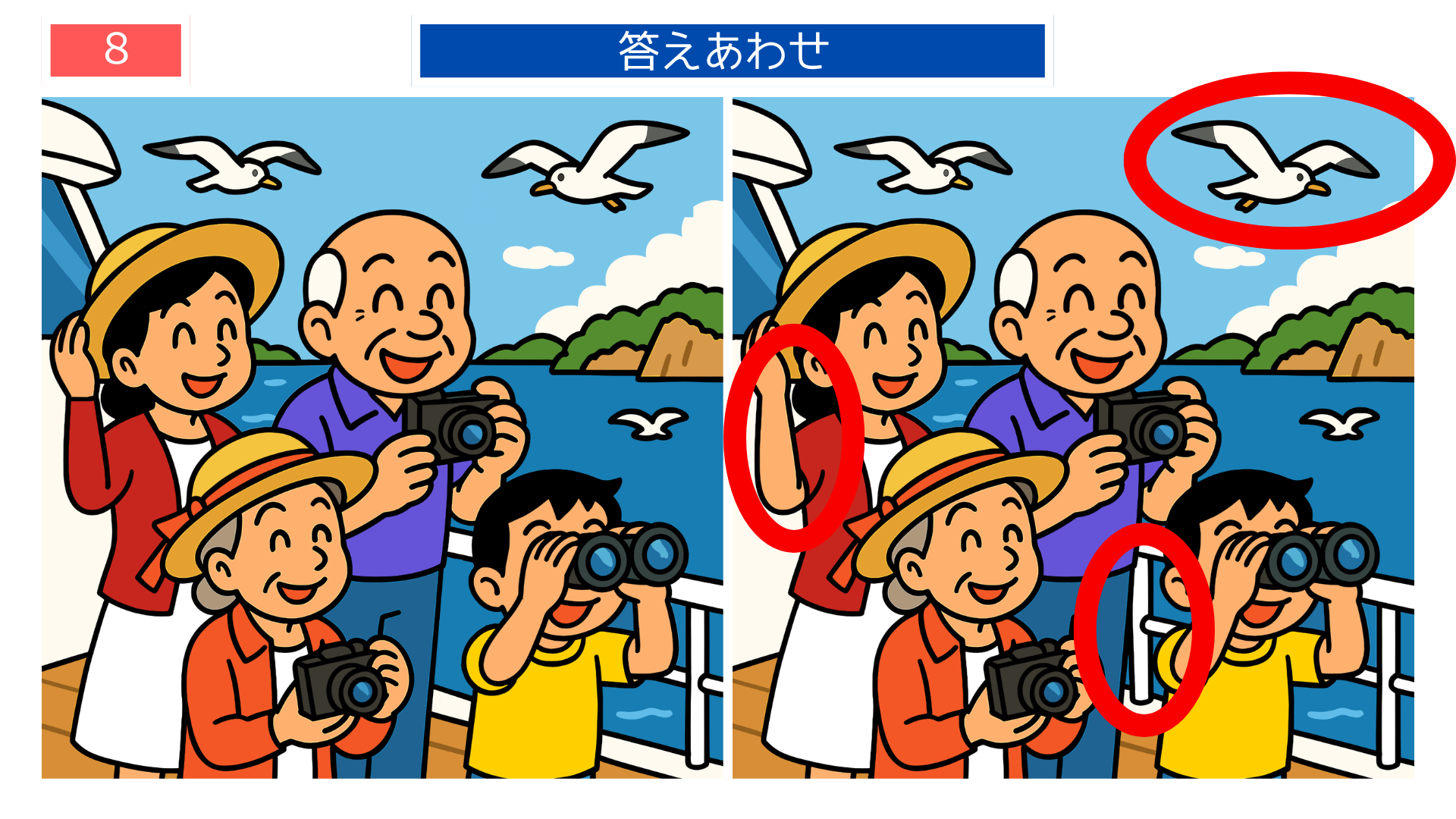 間違い探し無料難しい クルーズ旅行を楽しむ家族の答えイラスト。観察力を鍛える脳トレ問題。