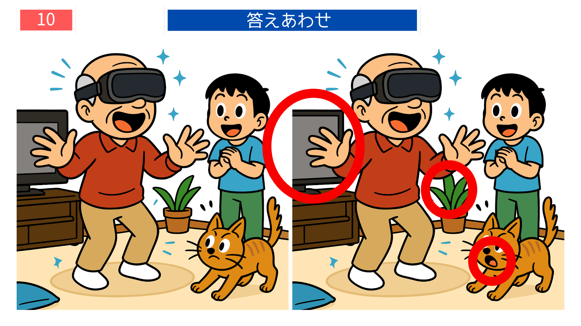 間違い探し プリント 高齢者 VR体験に驚くおじいちゃんの答えイラスト。ユーモアのあるクイズ問題。