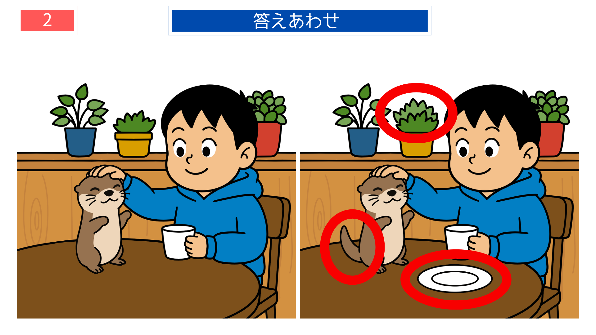間違い探し無料難しい カワウソを撫でるカフェシーンの答えイラスト。細かな変化を確認できる印刷教材。