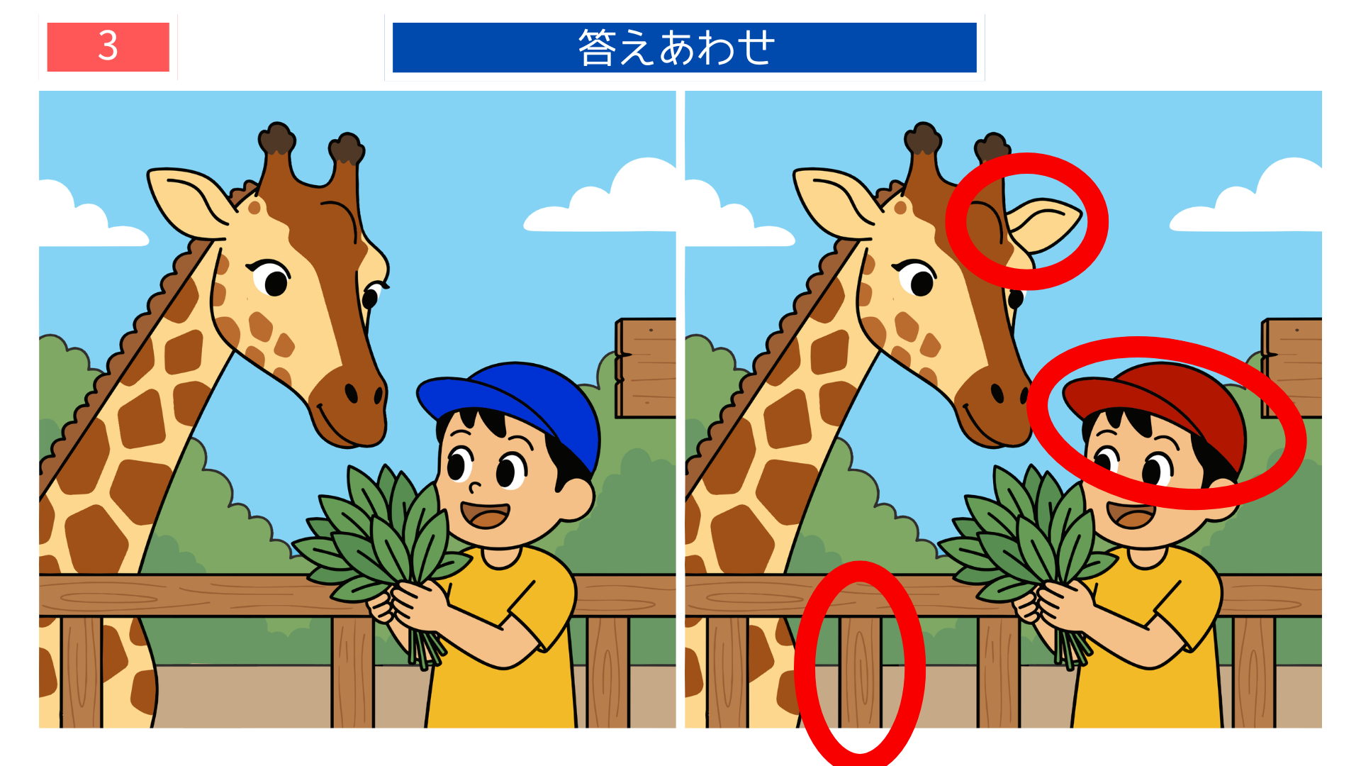 間違い探し高齢者 キリンのエサやりシーンの答え画像。動物テーマの観察クイズとして使いやすい素材。