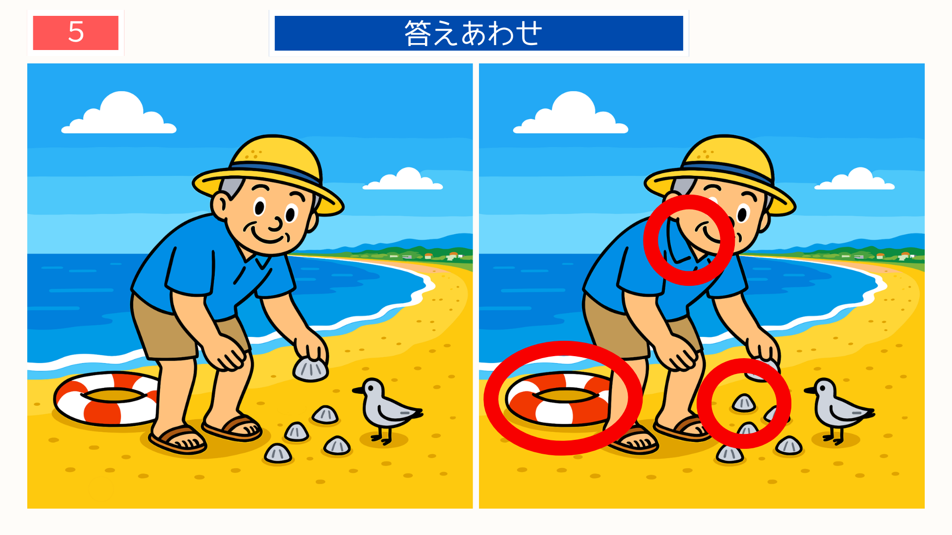 間違い探し無料印刷 九十九里浜の貝拾いシーンの答え画像。高齢者レク素材として使えるクイズ教材。