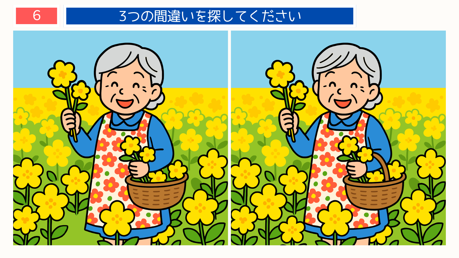 間違い探し無料高齢者 千葉の菜の花畑で花を摘む女性のイラスト。春の観光をテーマにした脳トレ問題。