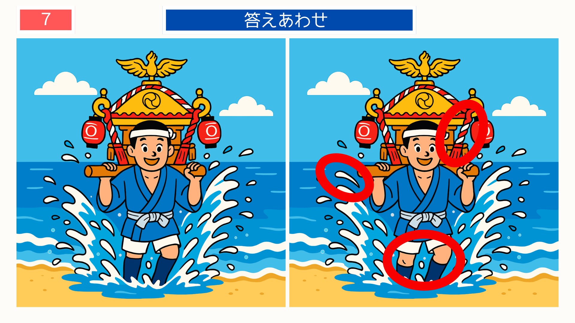 間違い探し無料印刷 勝浦の神輿かつぎの答え画像。千葉の祭礼をテーマにしたレク教材。