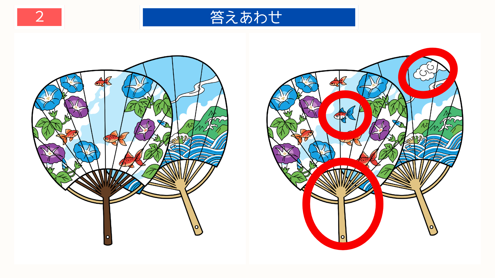 間違い探し無料印刷 うちわの柄の違いが分かる答え画像。高齢者向けのレク素材として使いやすいクイズ。
