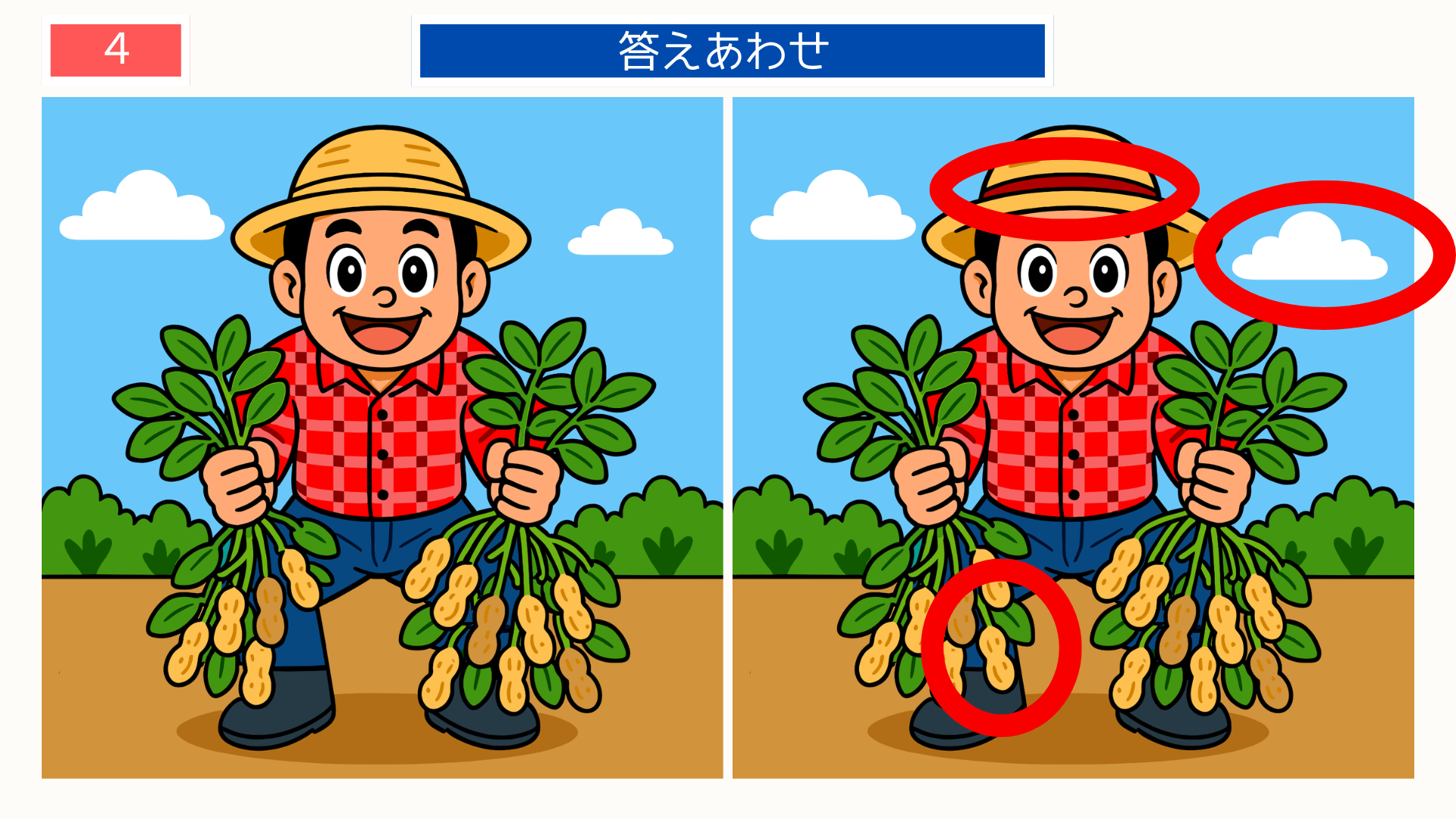 間違い探し無料印刷 落花生収穫シーンの答え画像。千葉県八街名物をテーマにしたクイズ。