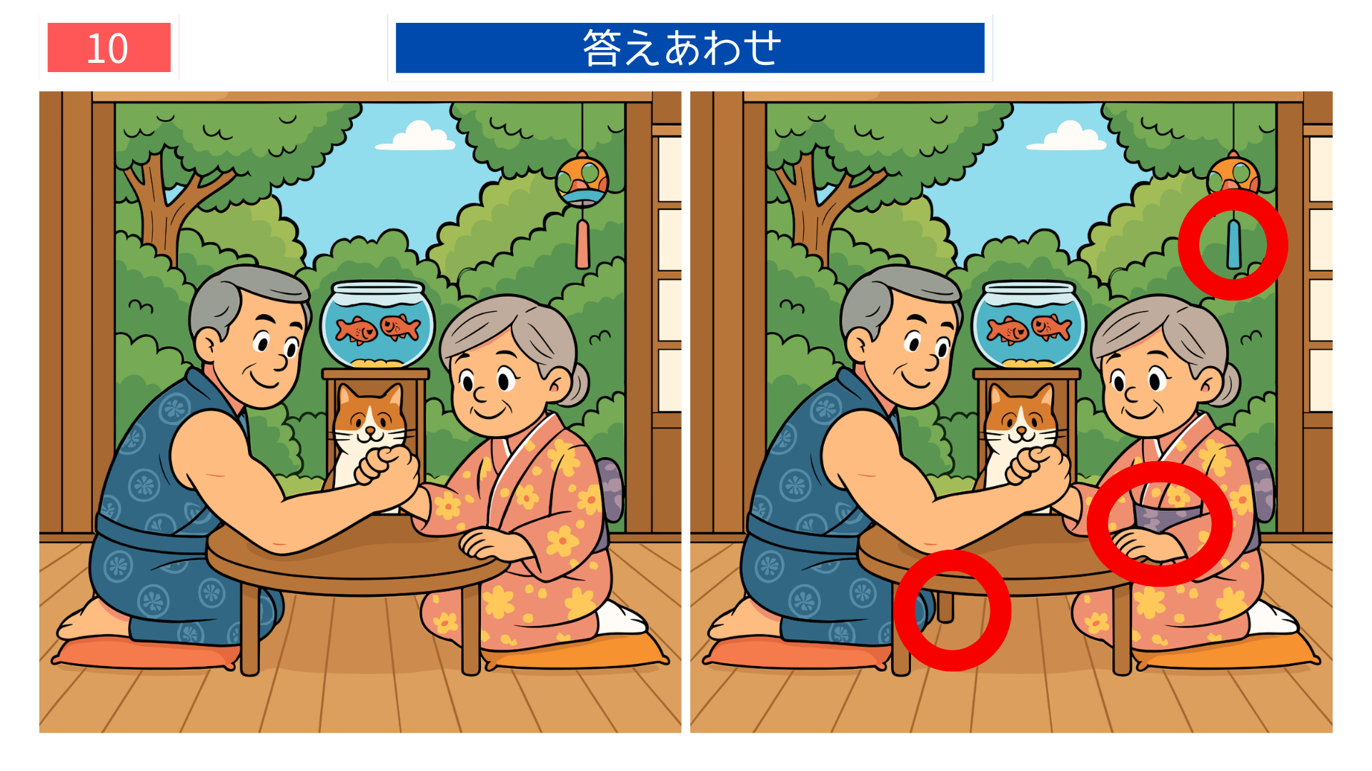 間違い探し無料印刷 腕相撲と背景小物の違いが分かる答え画像